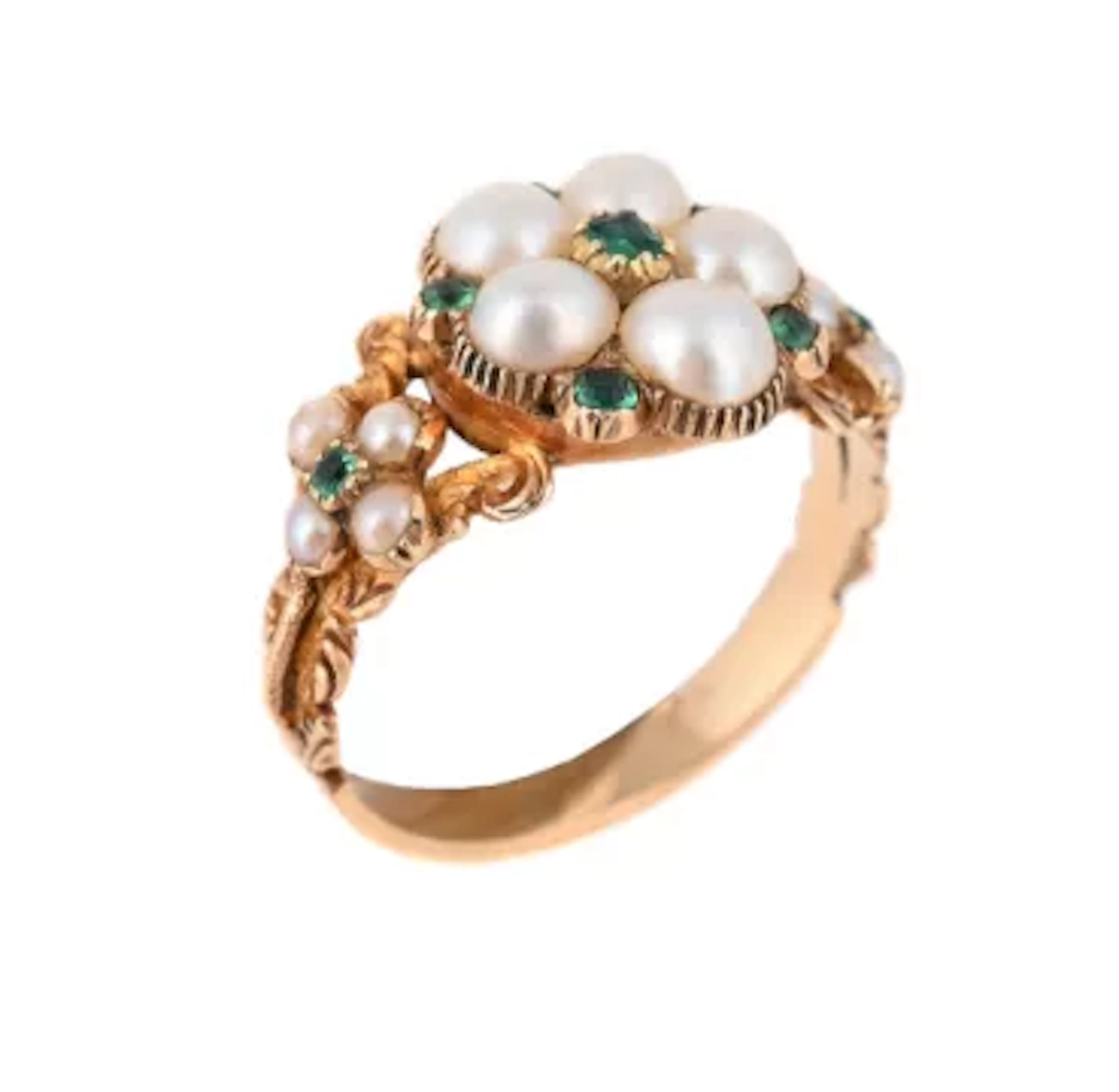 AN EARLY VICTORIAN HALF PEARL AND EMERALD CLUSTER RING