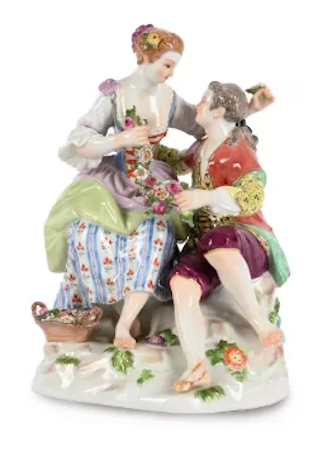 A MEISSEN GROUP OF SHEPHERD LOVERS WITH FLORAL GARLANDS, SECOND HALF