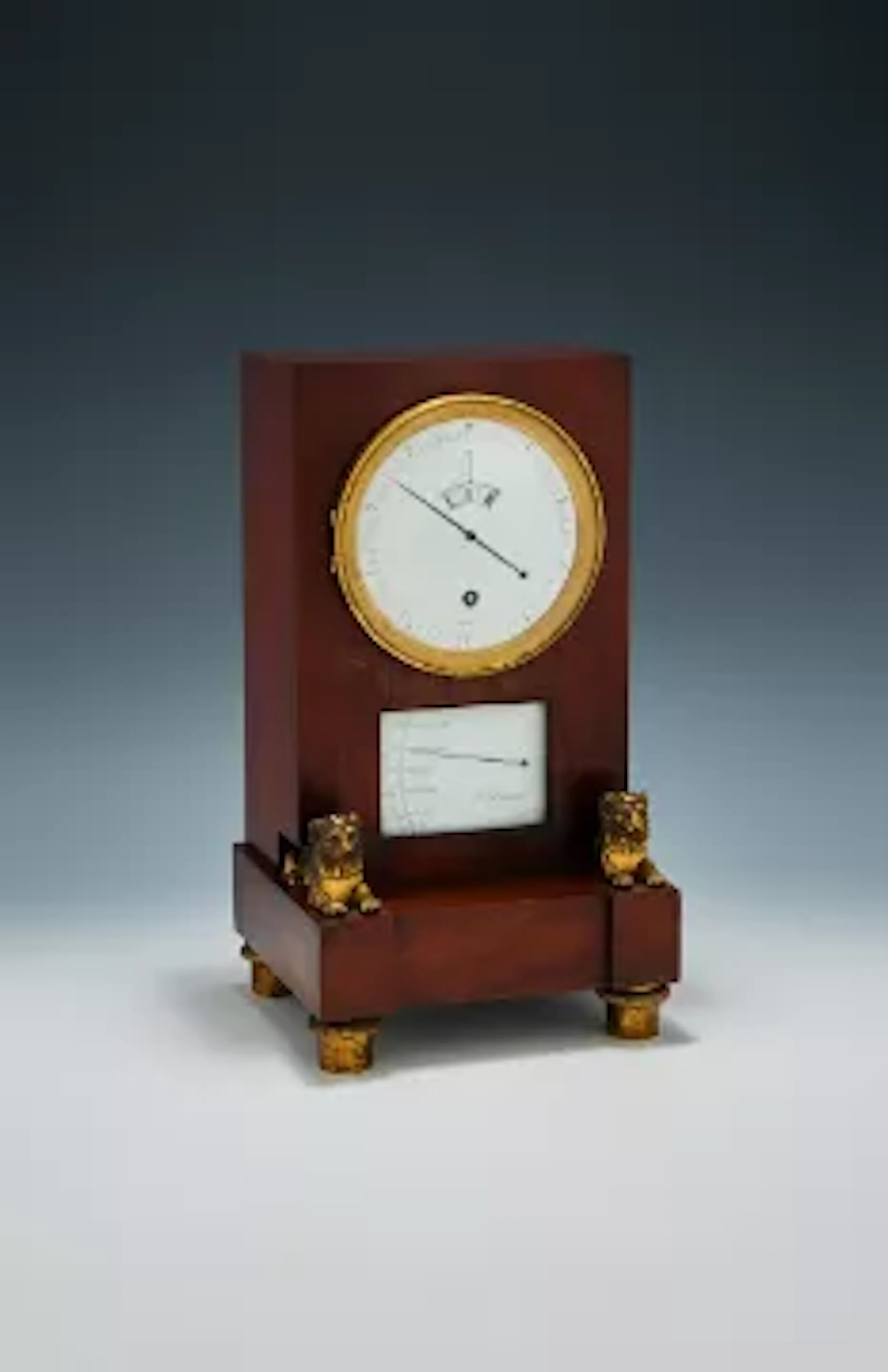 A FINE AND RARE FRENCH CONSULATE PERIOD FIGURED MAHOGANY ‘AUDIENCE’ TIMEPIECE