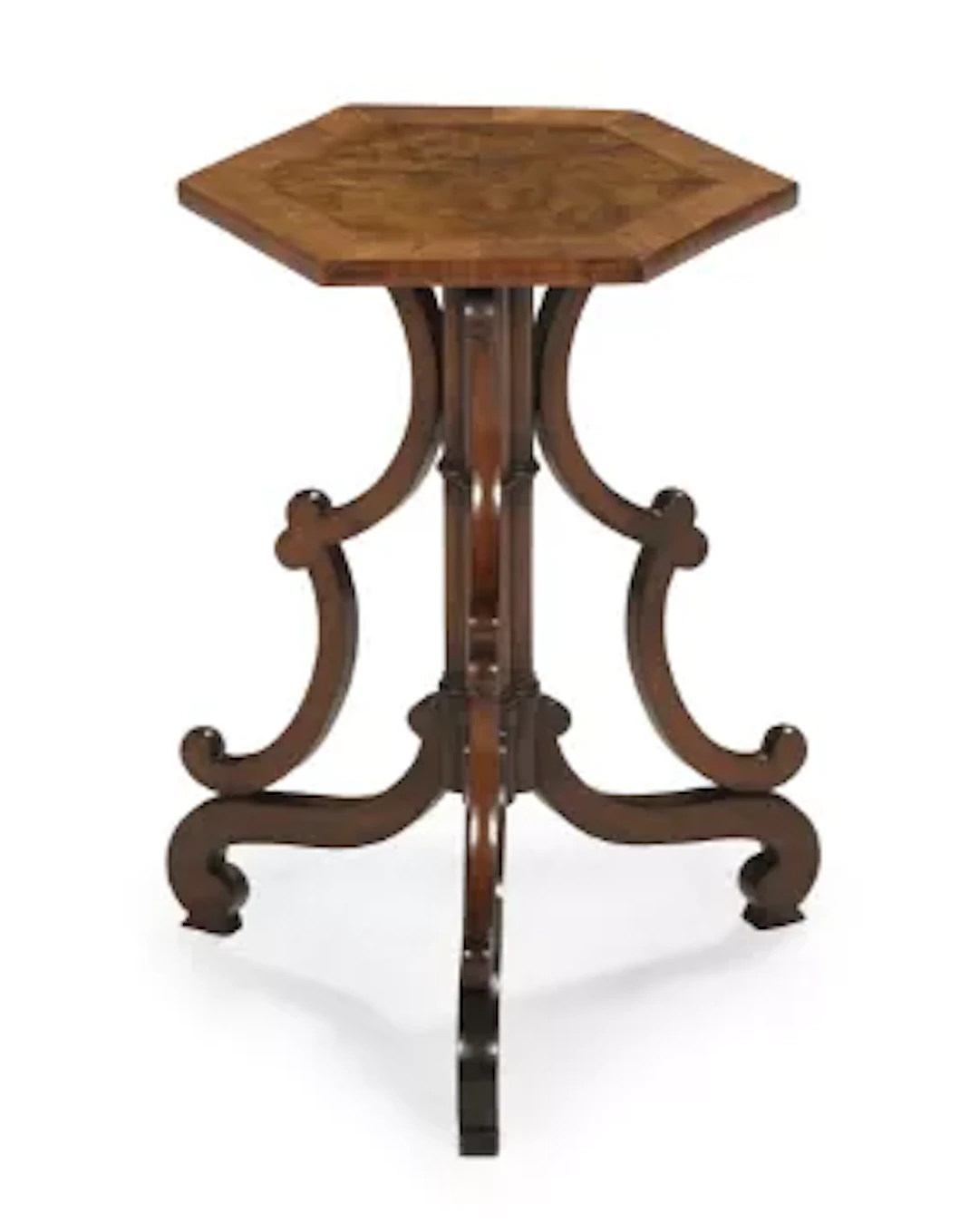 Y AN UNUSUAL ROSEWOOD, KINGWOOD AND BURR WALNUT HEXAGONAL OCCASIONAL