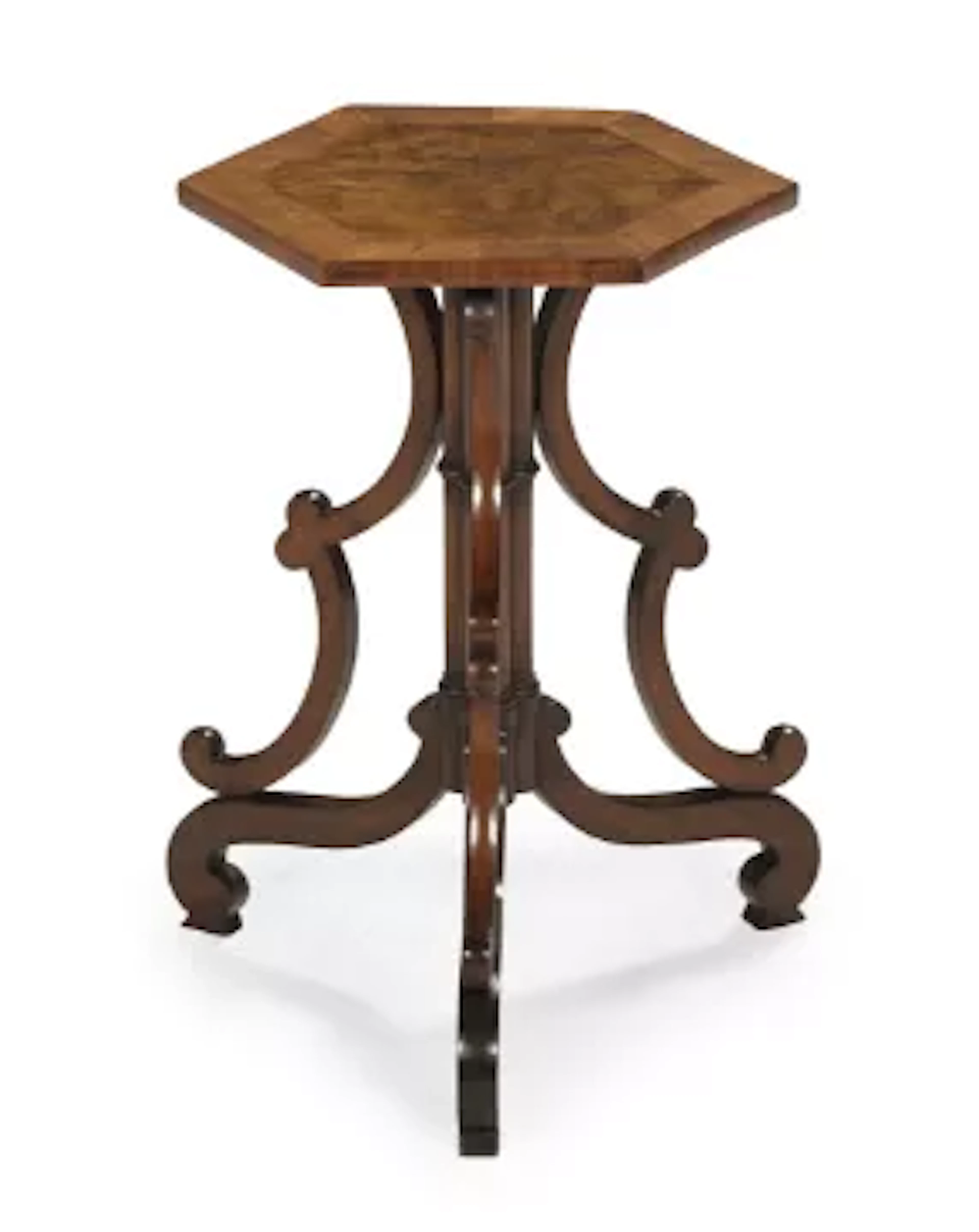 Y AN UNUSUAL ROSEWOOD, KINGWOOD AND BURR WALNUT HEXAGONAL OCCASIONAL