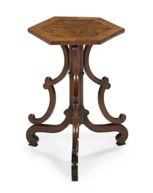 Y AN UNUSUAL ROSEWOOD, KINGWOOD AND BURR WALNUT HEXAGONAL OCCASIONAL