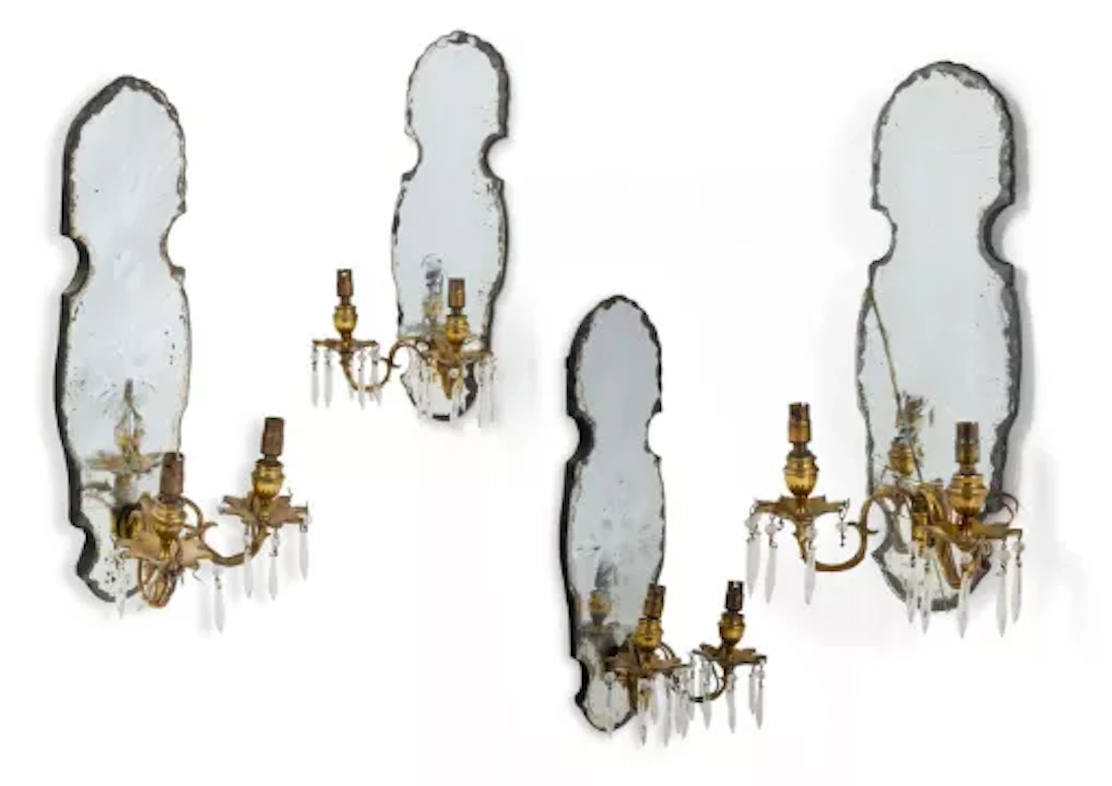 A SET OF FOUR QUEEN ANNE STYLE ETCHED AND BRASS MOUNTED MIRROR SCONCES