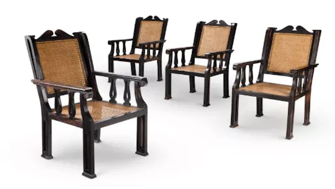 Y A SET OF FOUR EBONY ARMCHAIRS, INDIAN, MODERN