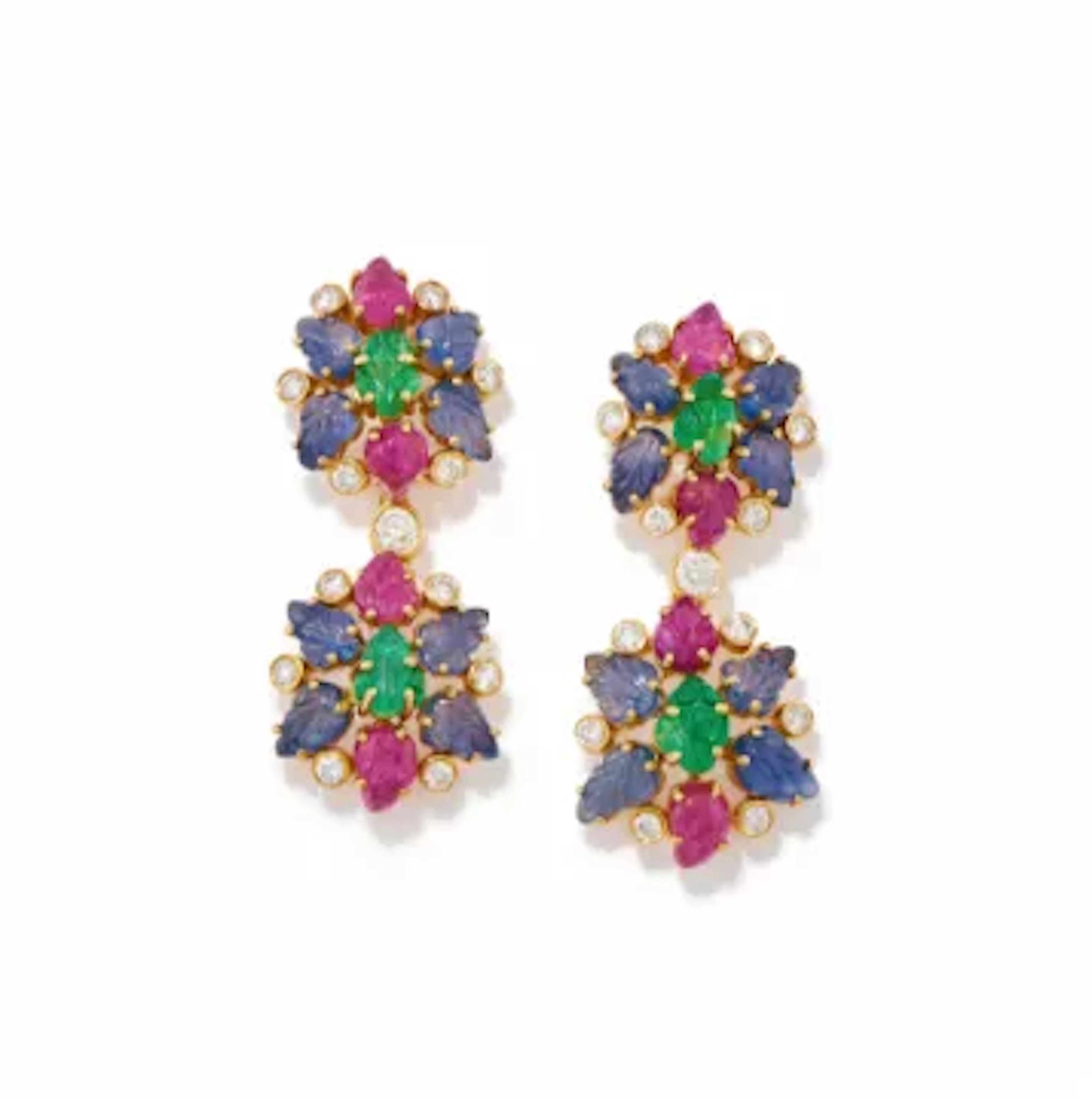 A PAIR OF CARVED GEM AND DIAMOND EARRINGS