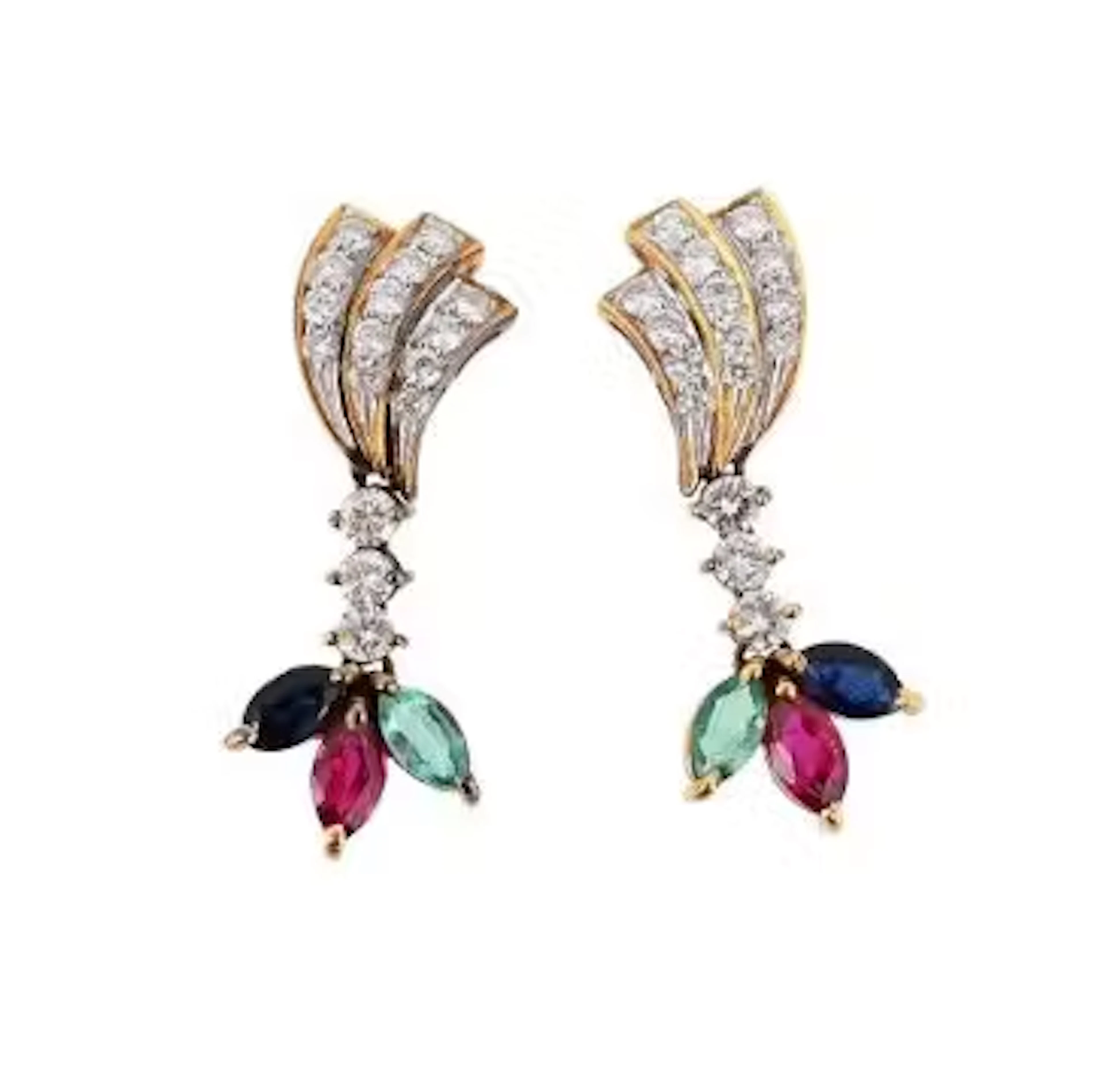 A PAIR OF DIAMOND AND COLOURED GEM STONE EARRINGS