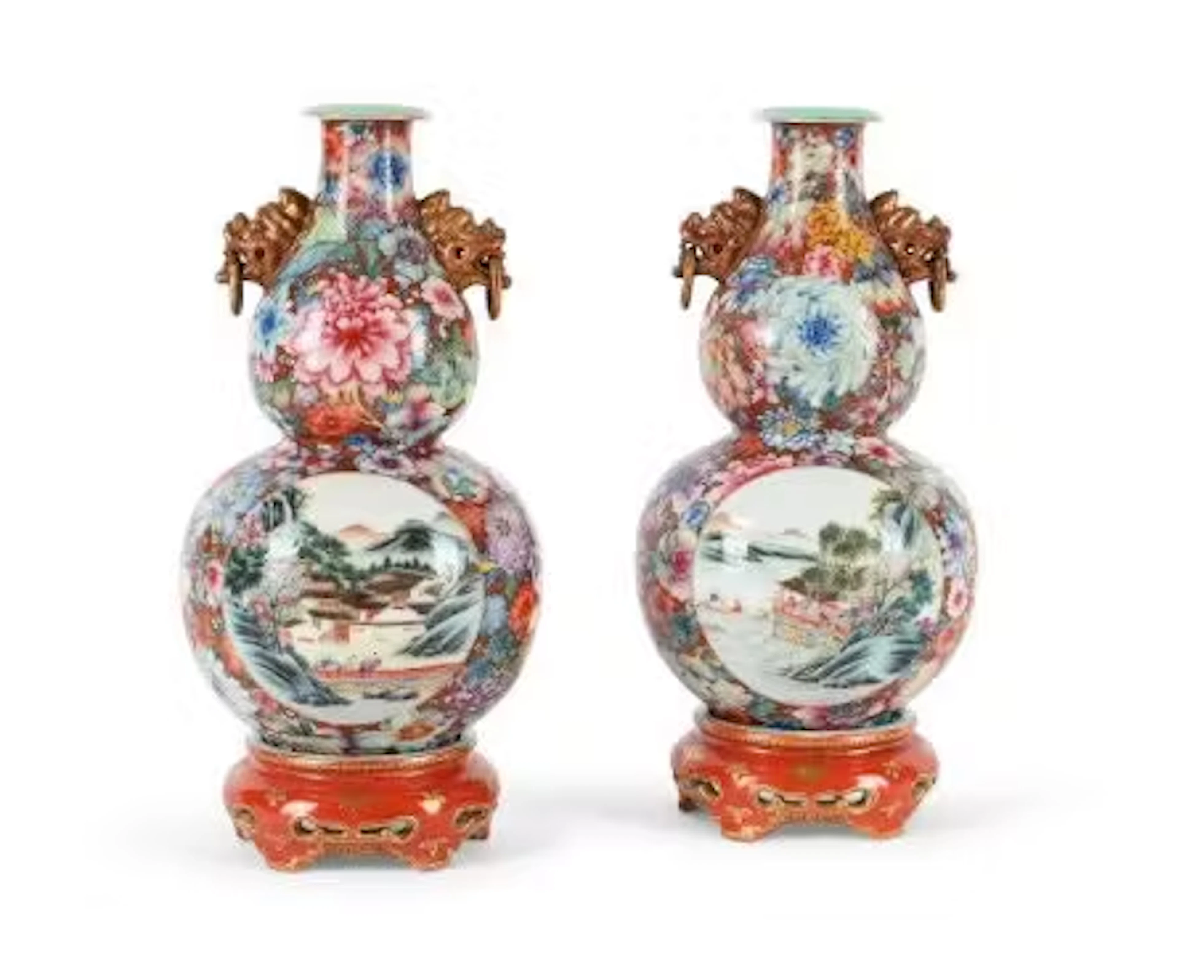 A pair of Chinese 'Millefleur' double-gourd vases