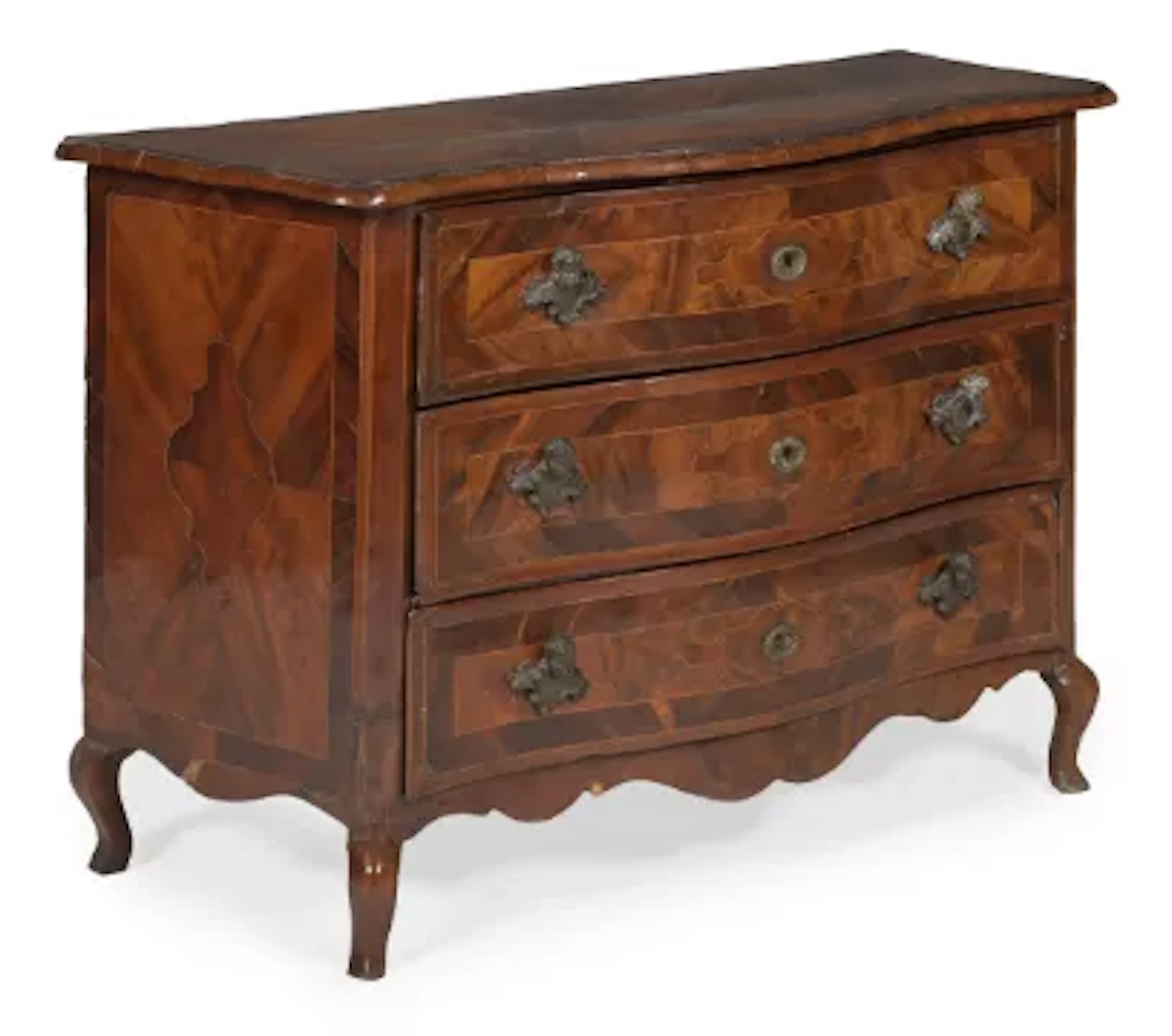 A MALTESE WALNUT, OLIVEWOOD AND FRUITWOOD SERPENTINE COMMODE, SECOND