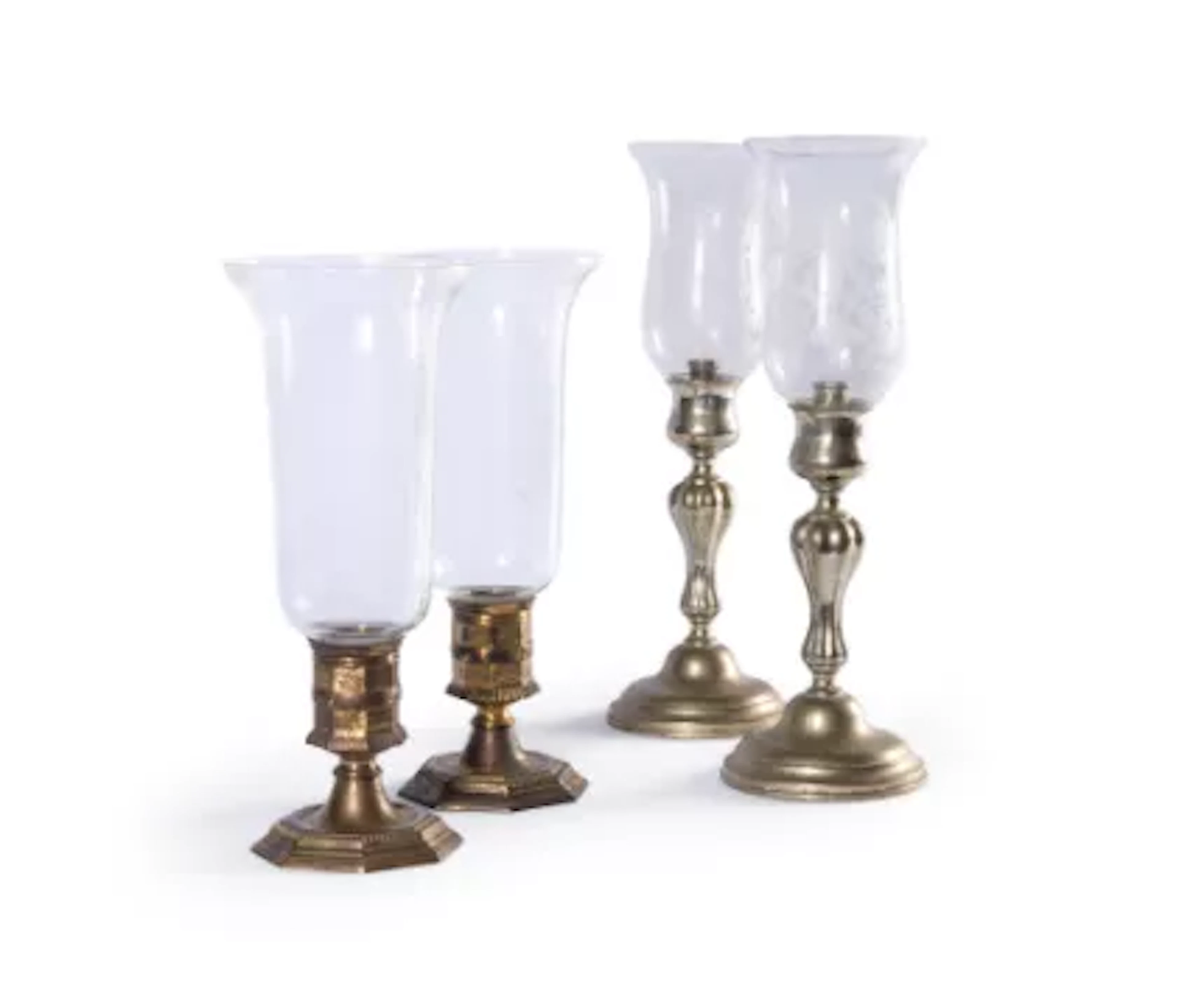 TWO PAIRS OF BRASS MOUNTED GLASS STORM LANTERNS OR PHOTOPHORES, 20TH CENTURY