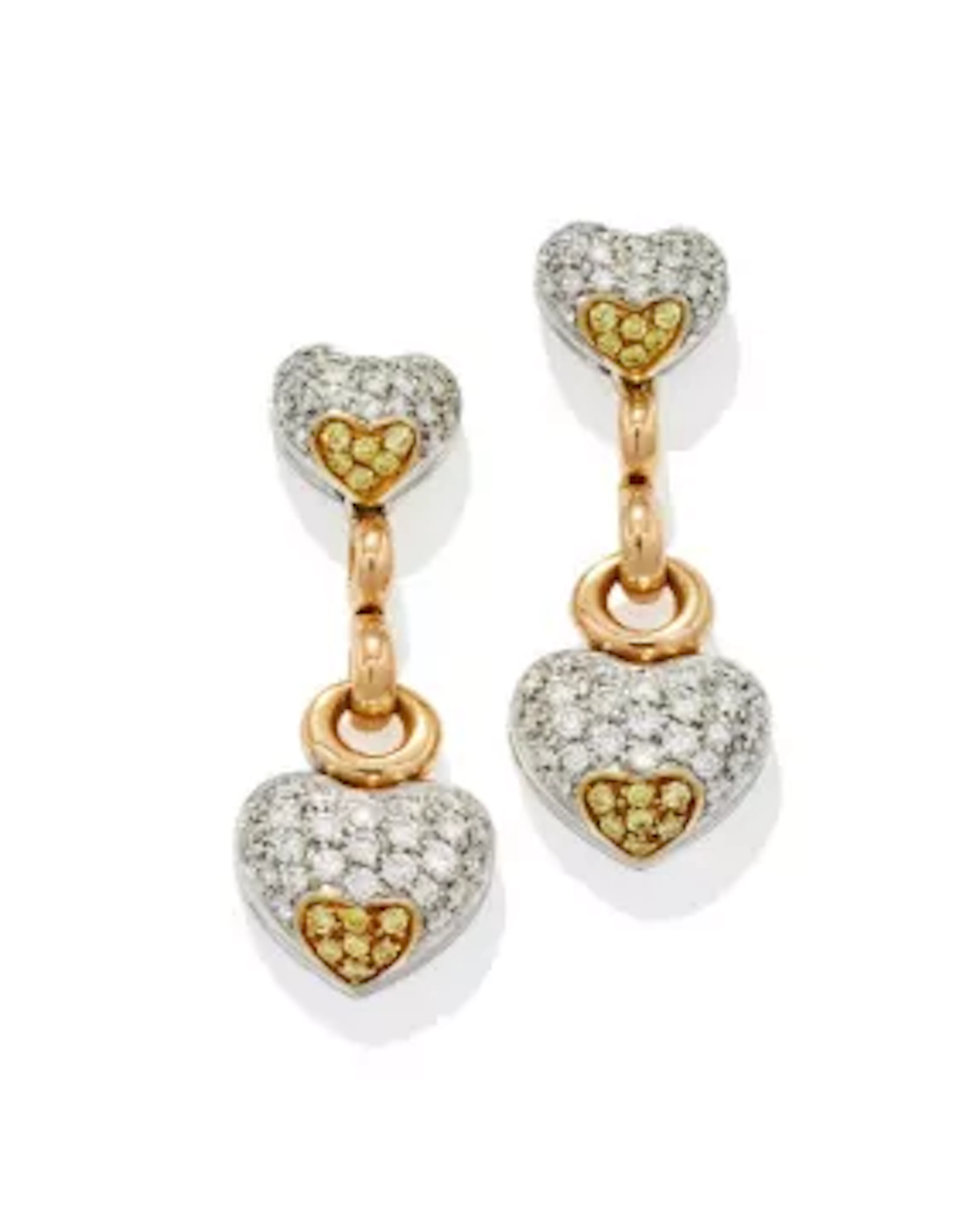A PAIR OF DIAMOND AND YELLOW DIAMOND PENDENT EARRINGS