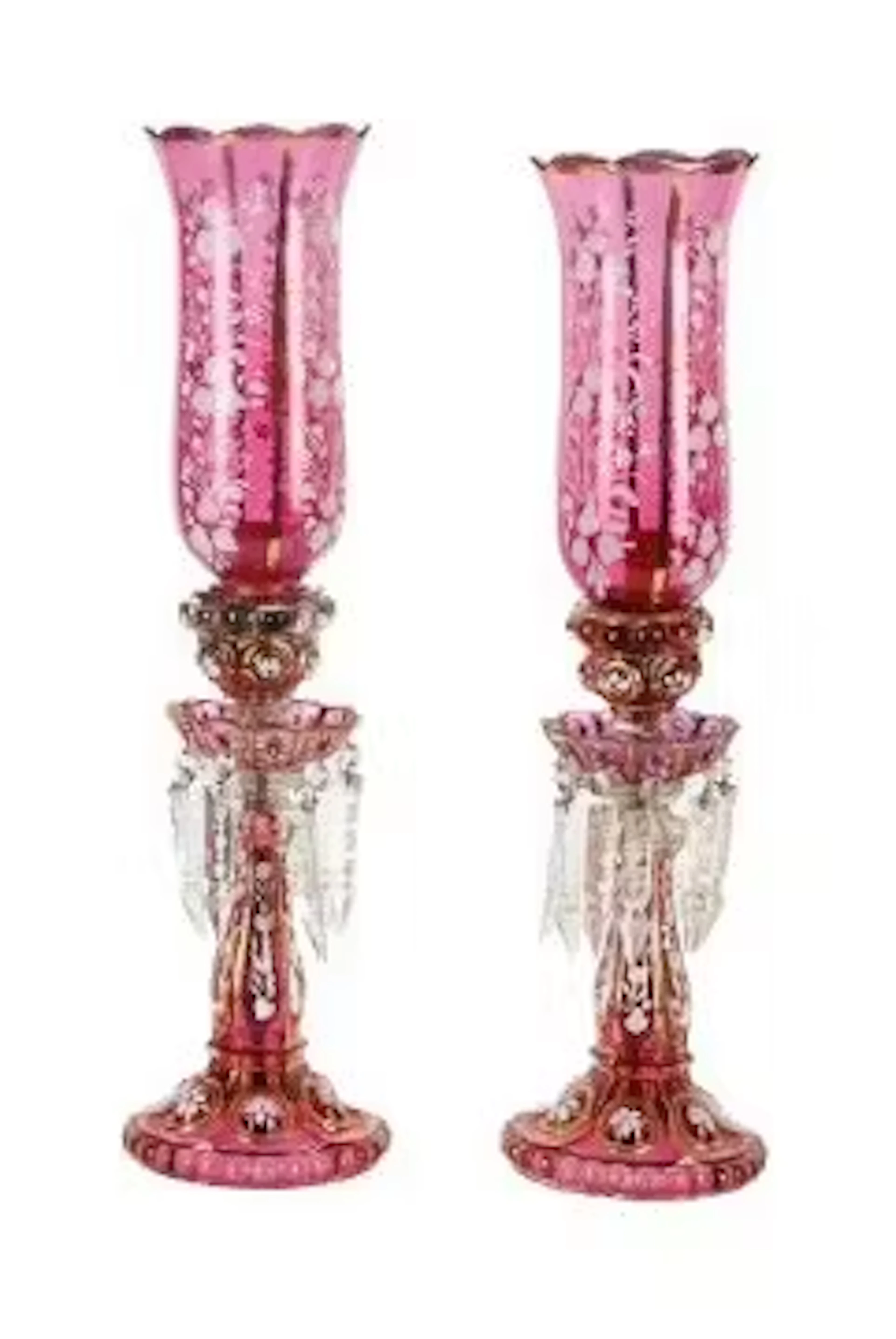 A PAIR OF NEAR EASTERN RUBY-FLASHED GLASS TABLE LAMPS WITH STORM SHADES