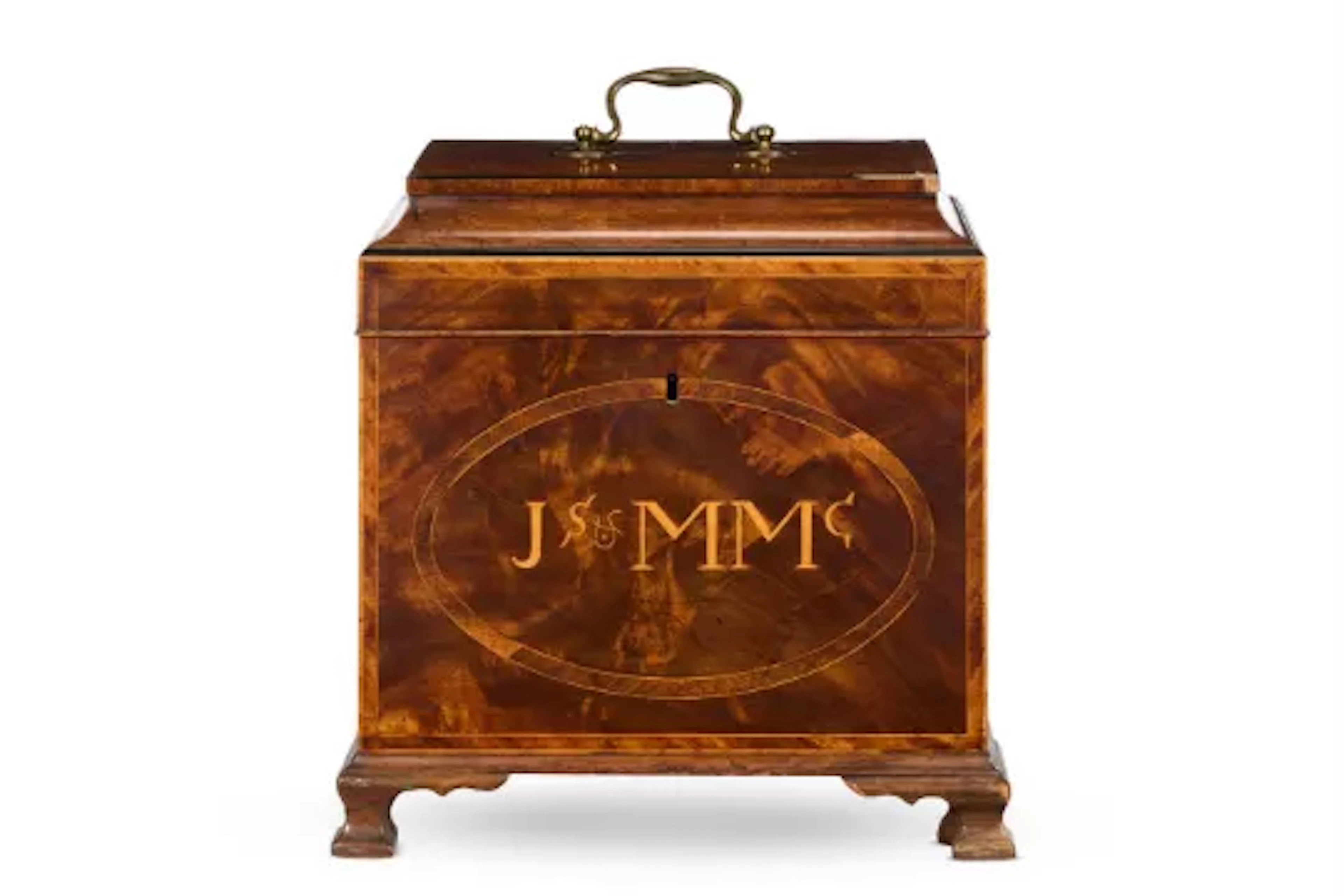 A GEORGE III MAHOGANY, MARQUETRY AND EBONISED CELLARET, CIRCA 1800
