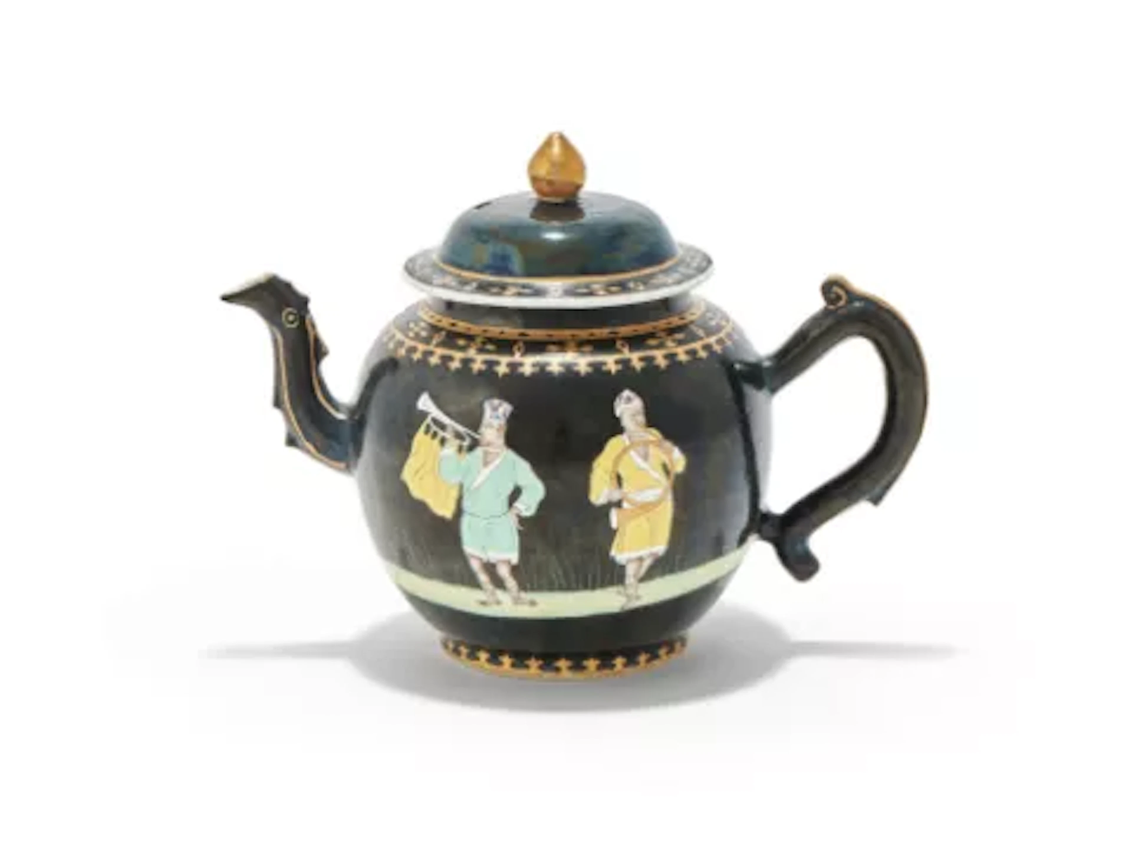 A Chinese Export Black Ground Famille-Rose 'Trumpeter' Teapot and