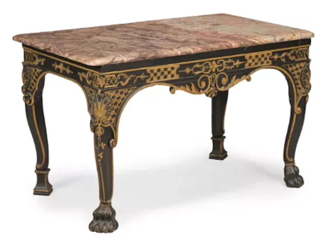 A GEORGE II BLACK CARVED, BLACK PAINTED AND PARCEL GILT CONSOLE TABLE