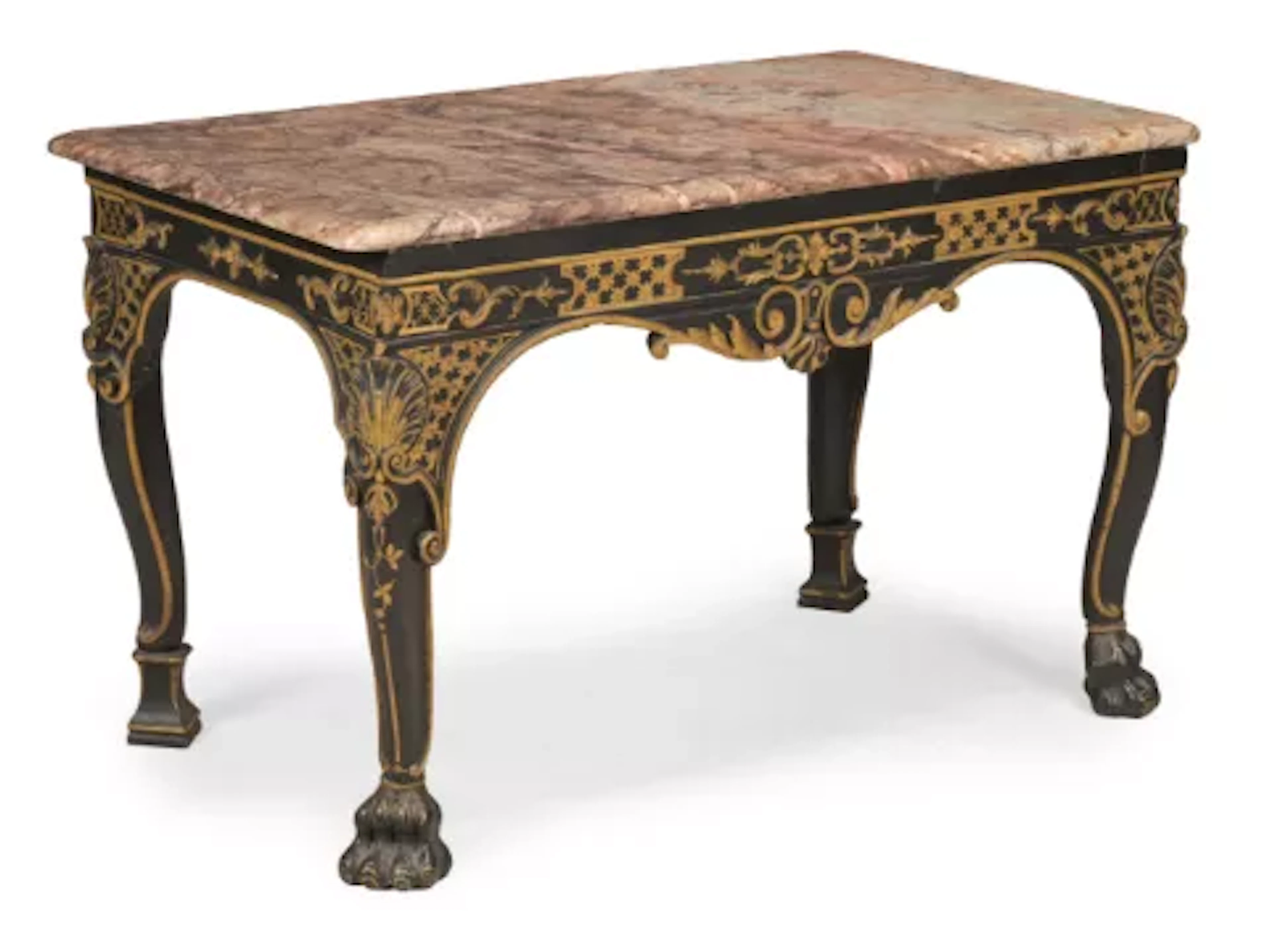 A GEORGE II BLACK CARVED, BLACK PAINTED AND PARCEL GILT CONSOLE TABLE