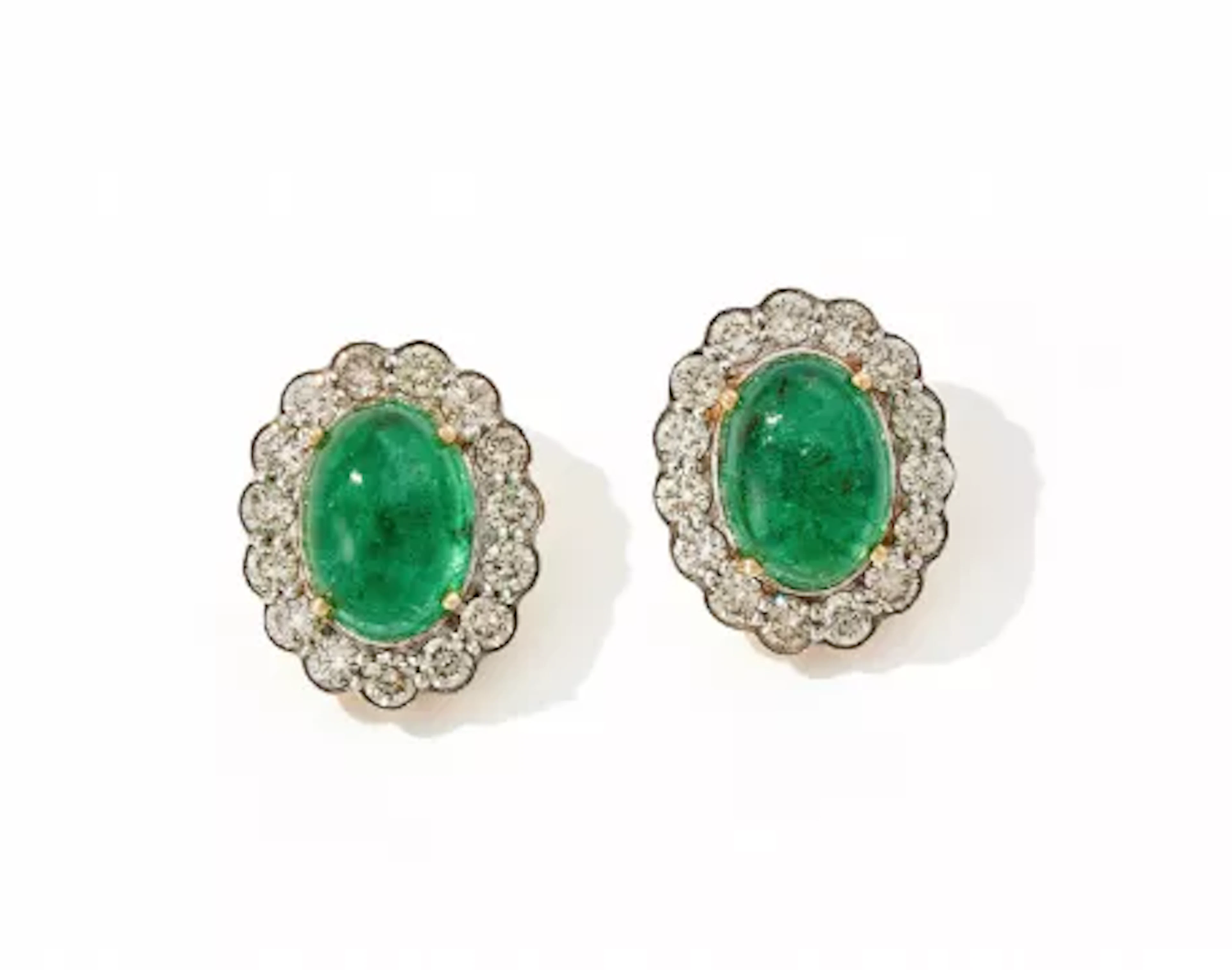 A PAIR OF EMERALD AND DIAMOND CLUSTER EARRINGS