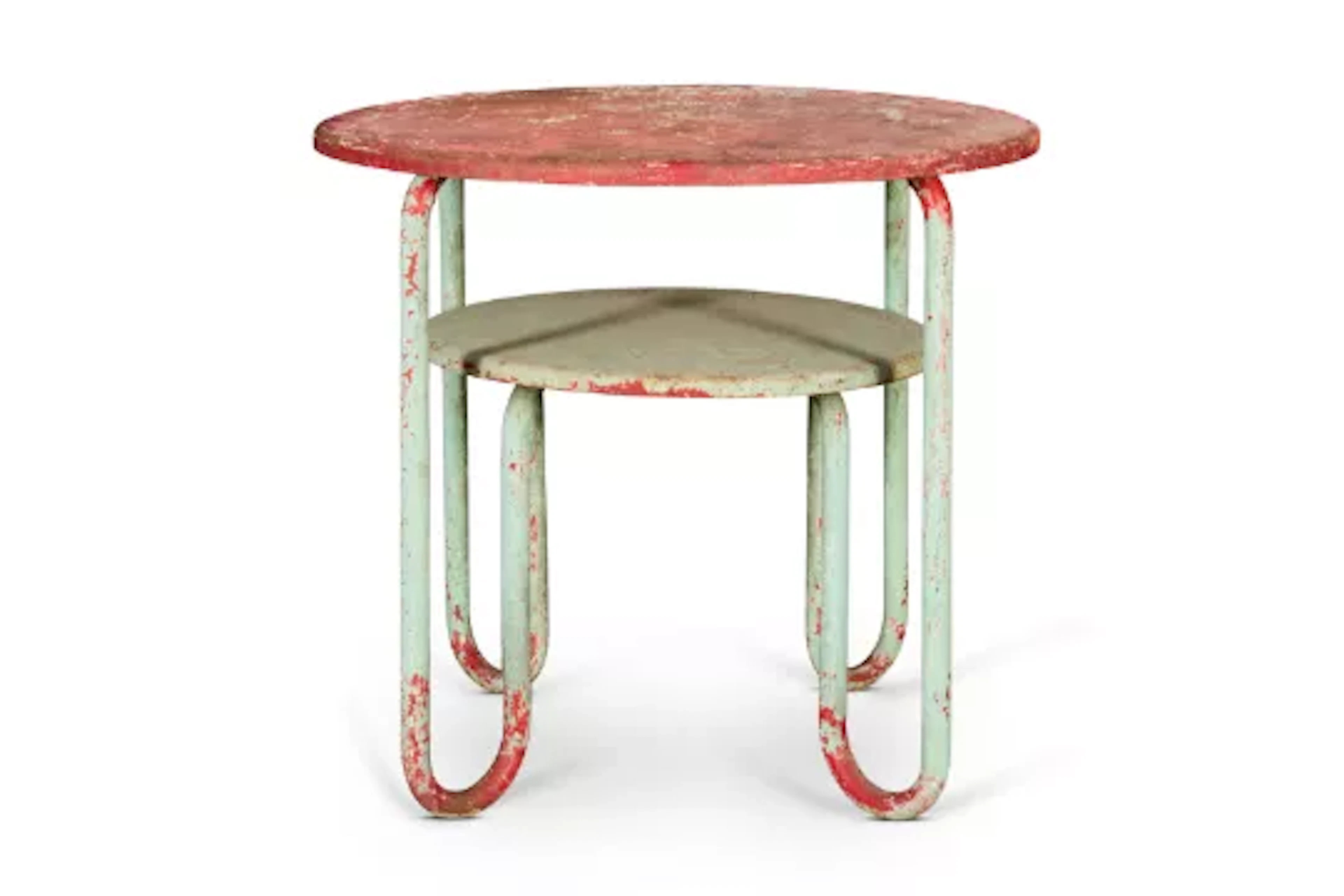 A TWO-TIERED RED AND GREEN PAINTED TUBULAR STEEL TABLE, MID 20TH CENTURY