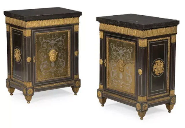 Y A PAIR OF RESTAURATION EBONY, ORMOLU MOUNTED AND BOULLE MARQUETRY