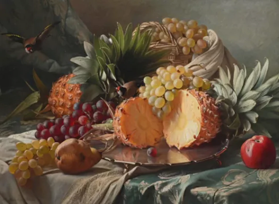 THEUDE GRÖNLAND (GERMAN 1817-1876), STILL LIFE OF FRUIT WITH A BIRD IN FLIGHT