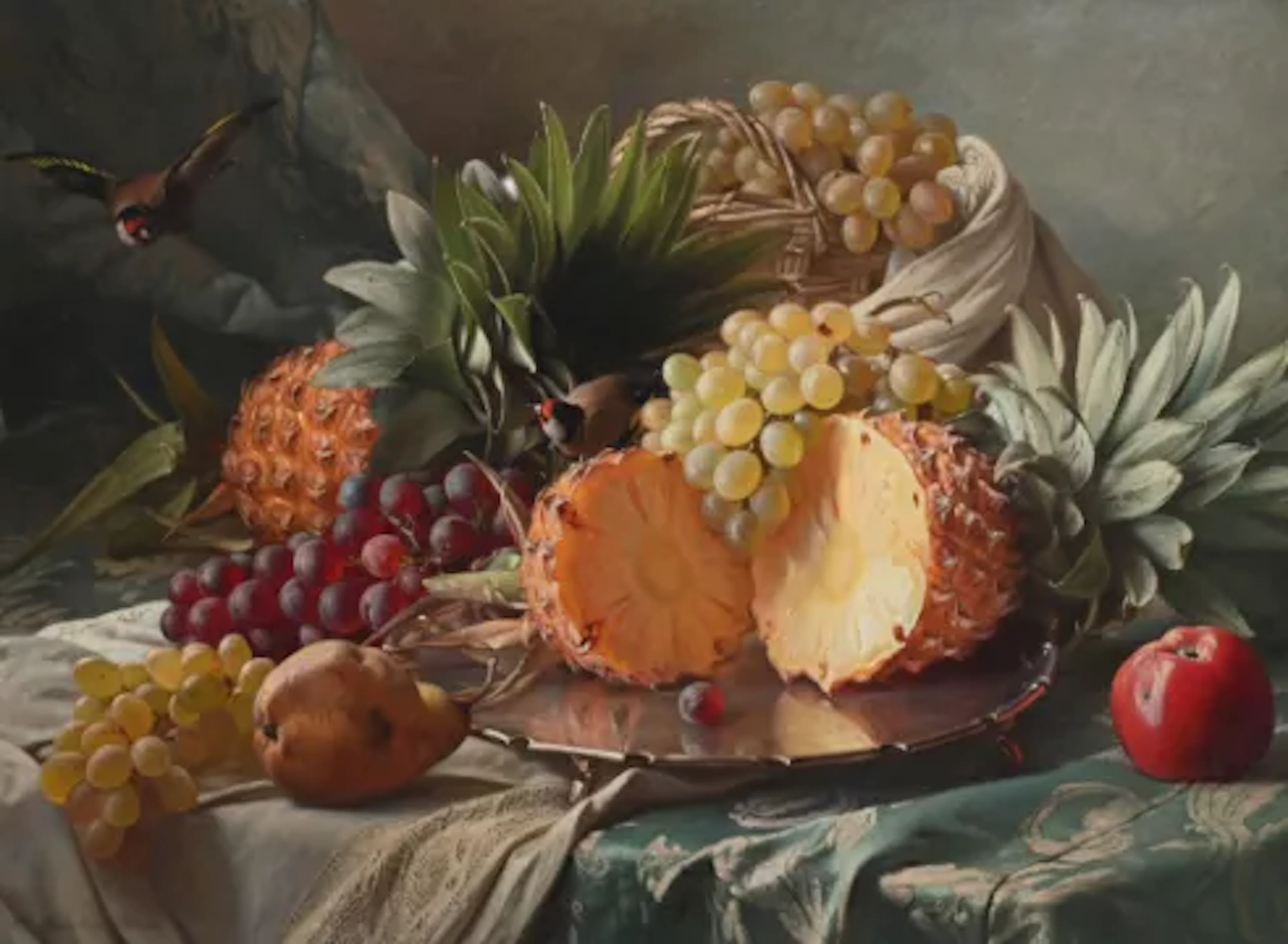 THEUDE GRÖNLAND (GERMAN 1817-1876), STILL LIFE OF FRUIT WITH A BIRD IN FLIGHT