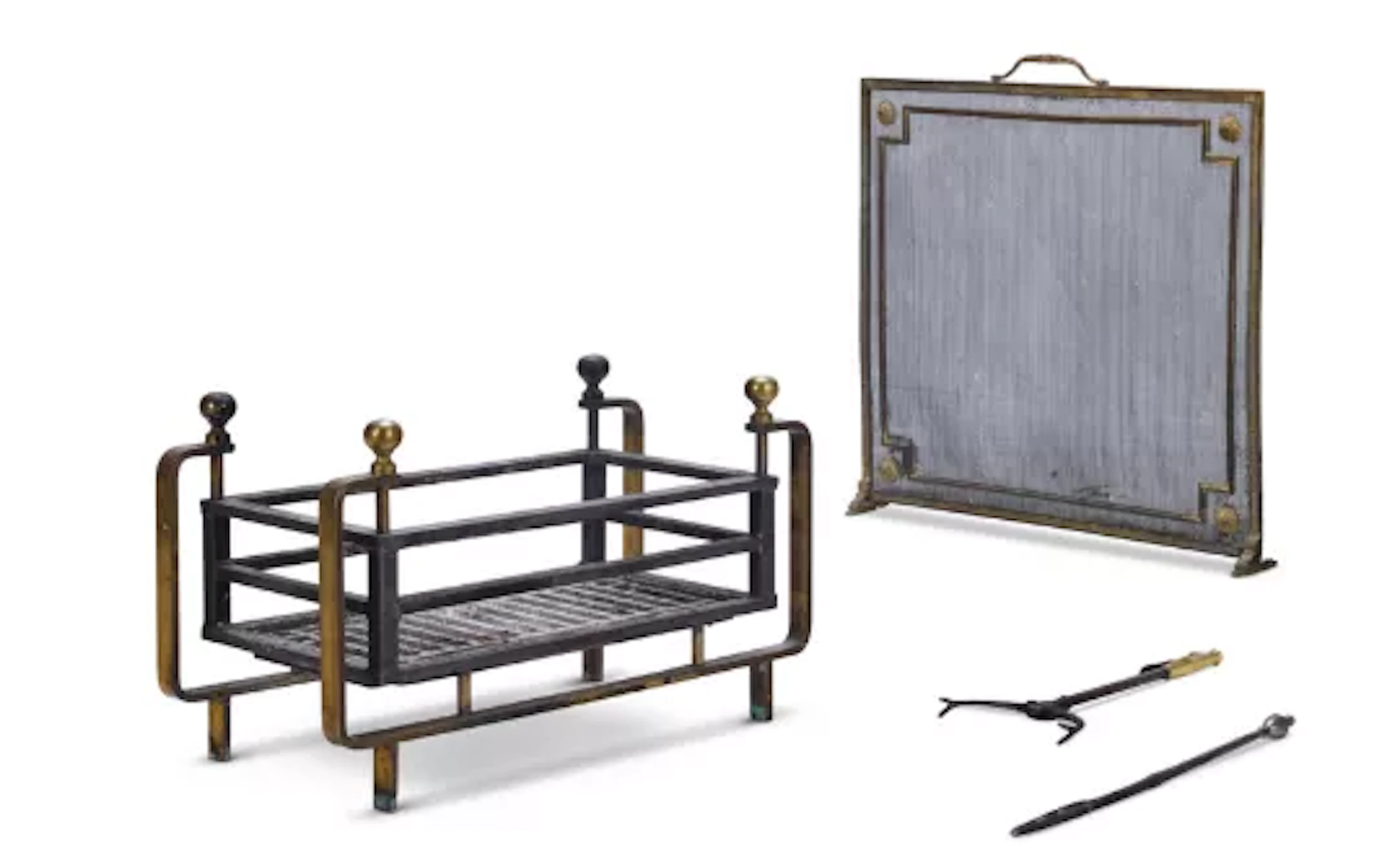 A BRASS & IRON FIRE BASKET IN THE FRENCH ART DECO MANNER