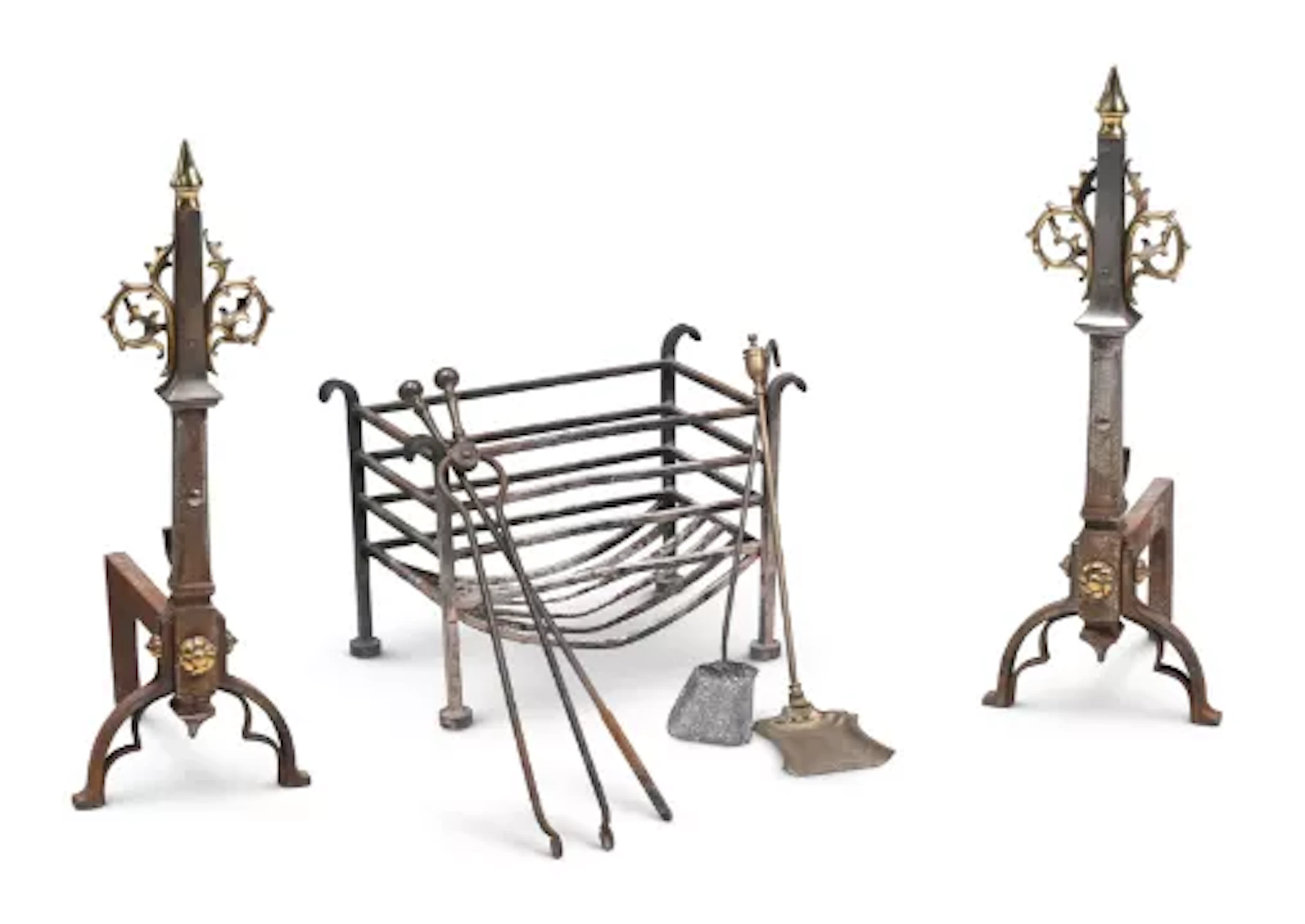 Y A PAIR OF ARTS & CRAFTS STEEL AND BRASS GOTHIC ANDIRONS, TOGETHER