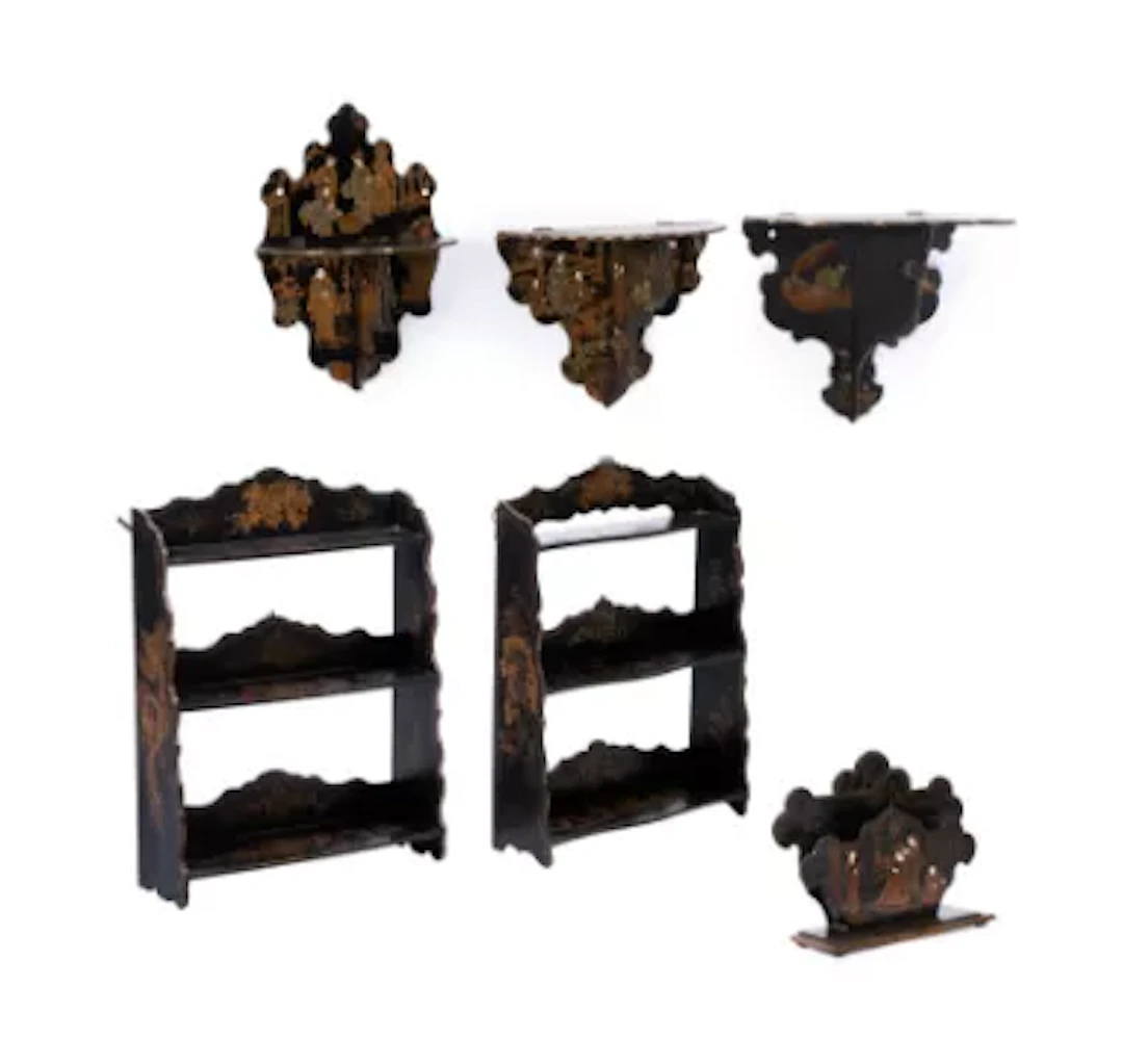 A SELECTION OF CHINOISERIE DECORATED, BLACK LACQUER WALL AND TABLE
