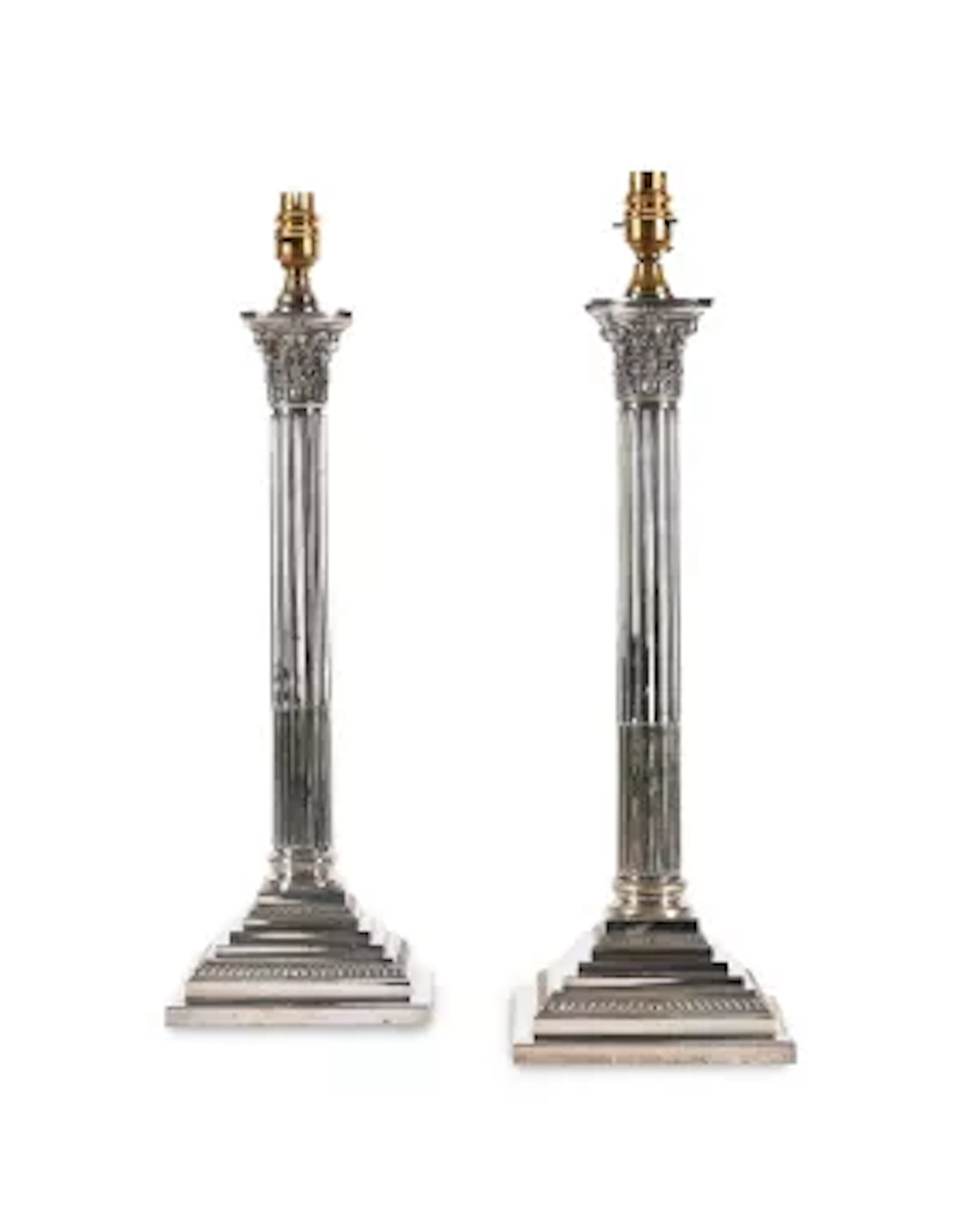 A PAIR OF EDWARDIAN SILVER-PLATED CORINTHIAN COLUMN TABLE LAMPS, CIRCA 1910
