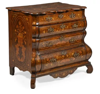 A MAHOGANY AND MARQUETRY DOUBLE BOMBE COMMODE, DUTCH, CIRCA 1790