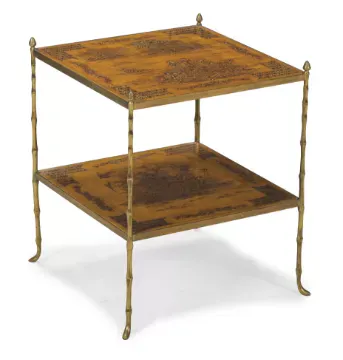 A BRASS AND GILT JAPANNED TWO TIER ETAGERE, PROBABLY BY MALLETT ANTIQUES