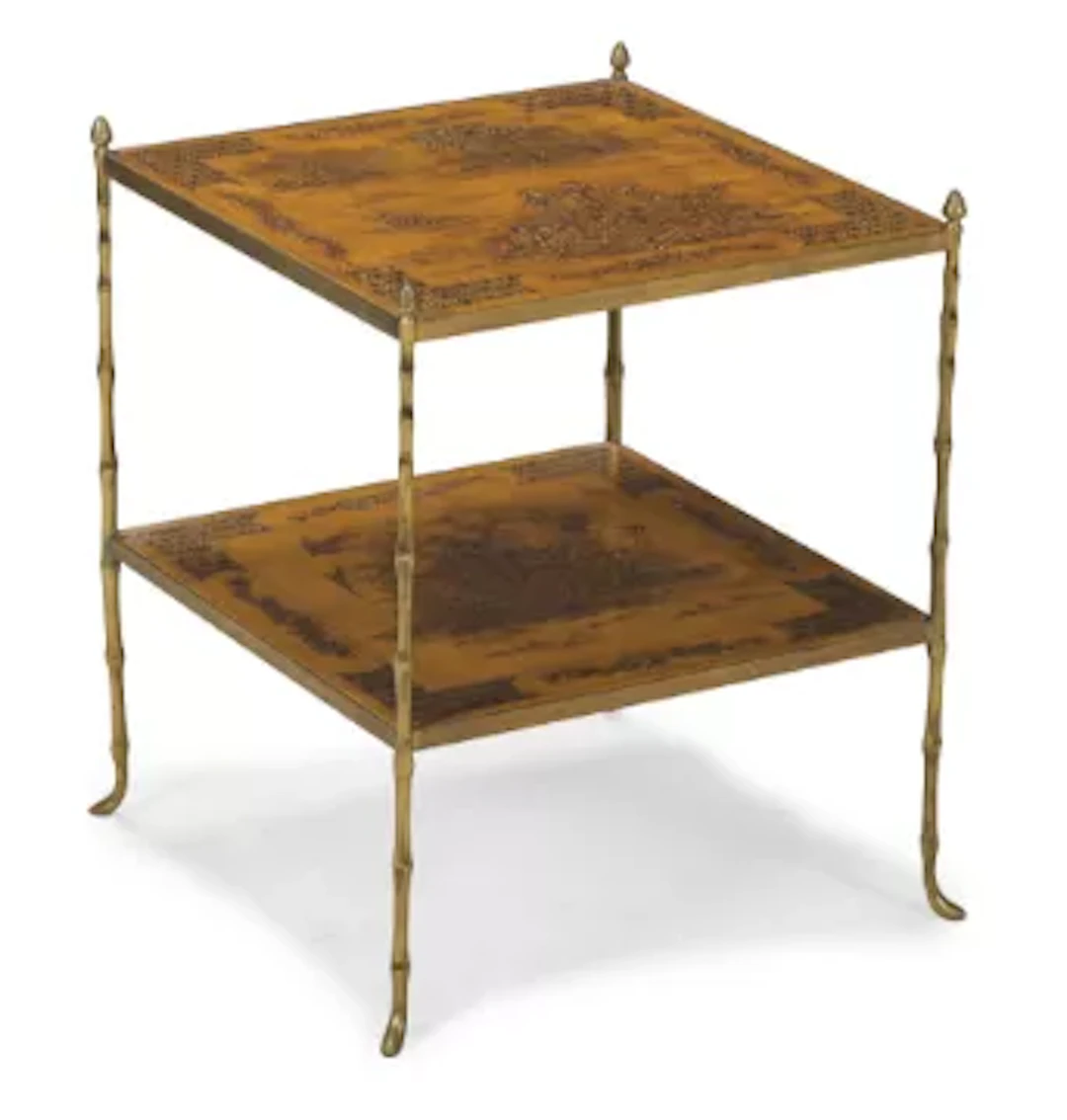 A BRASS AND GILT JAPANNED TWO TIER ETAGERE, PROBABLY BY MALLETT ANTIQUES