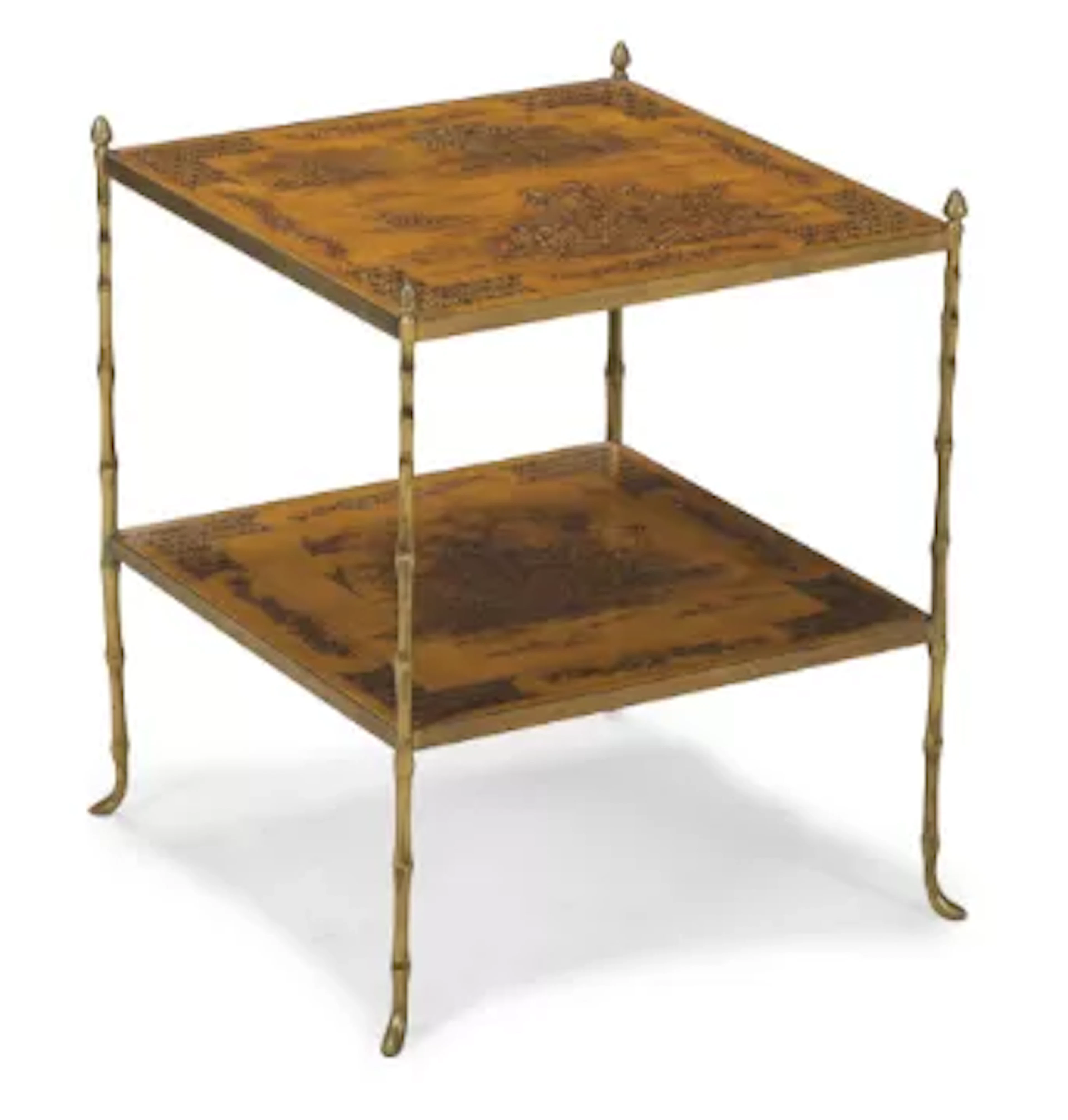 A BRASS AND GILT JAPANNED TWO TIER ETAGERE, PROBABLY BY MALLETT ANTIQUES
