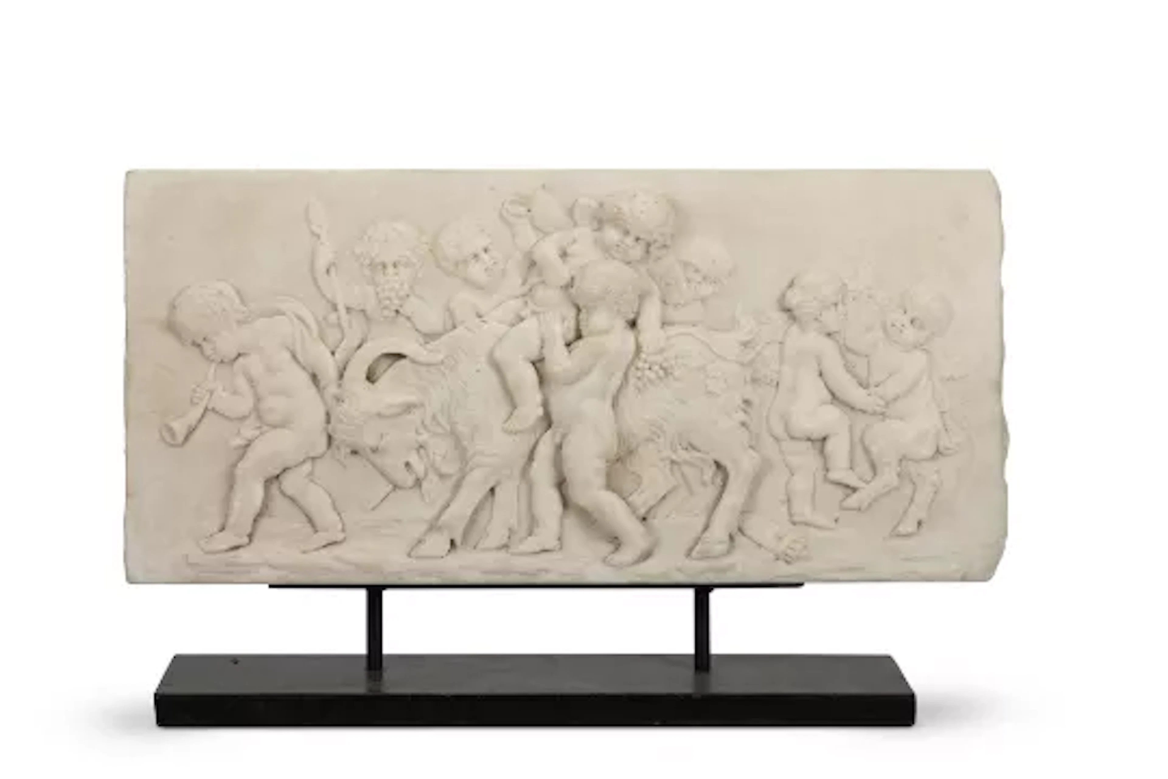 A LATE GEORGE III CARVED MARBLE CHIMNEYPIECE TABLET OF BACCHANALES, CIRCA 1780
