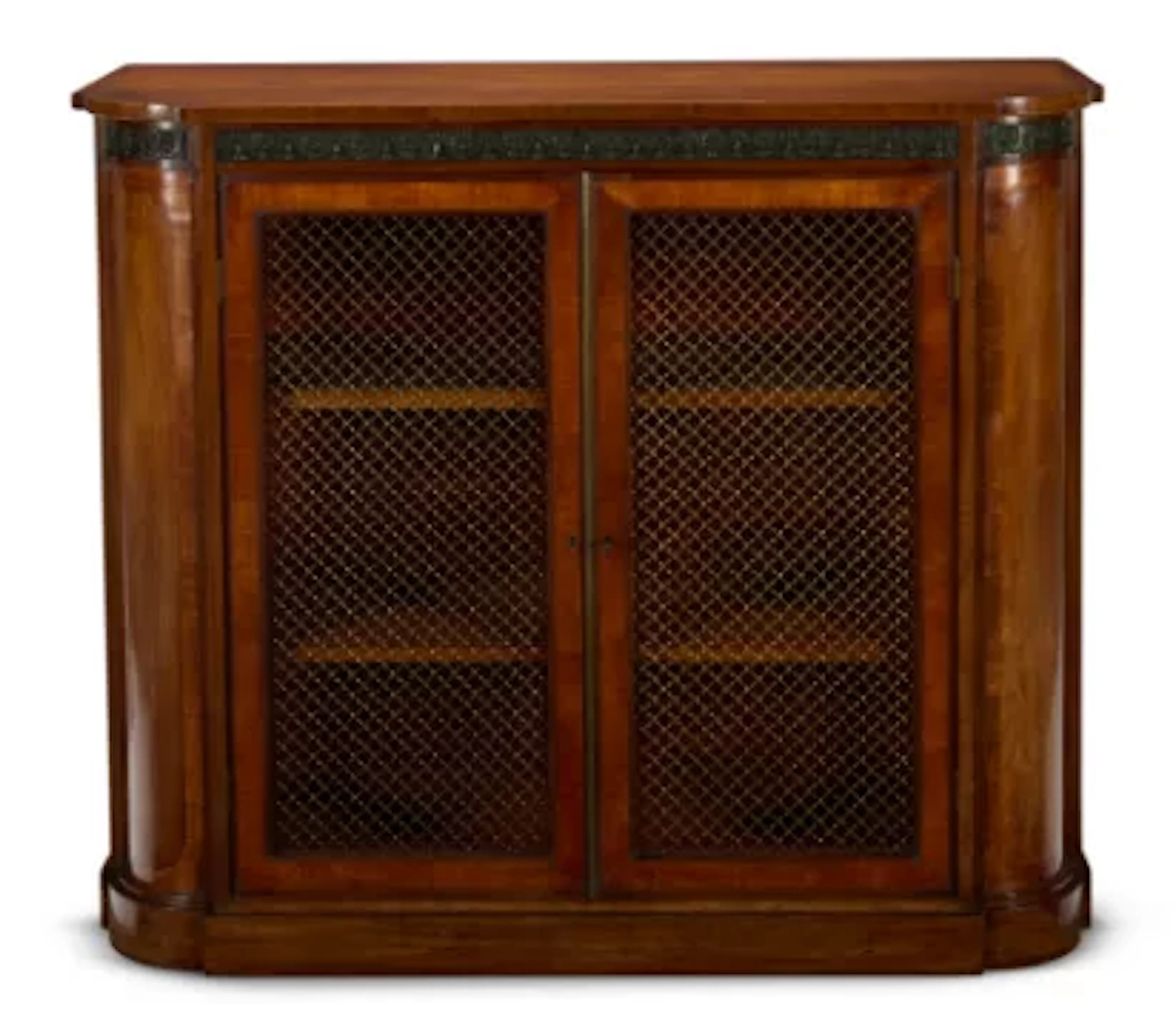 Y A LATE GEORGE III SATINWOOD, INDIAN ROSEWOOD AND BRONZED D-SHAPED