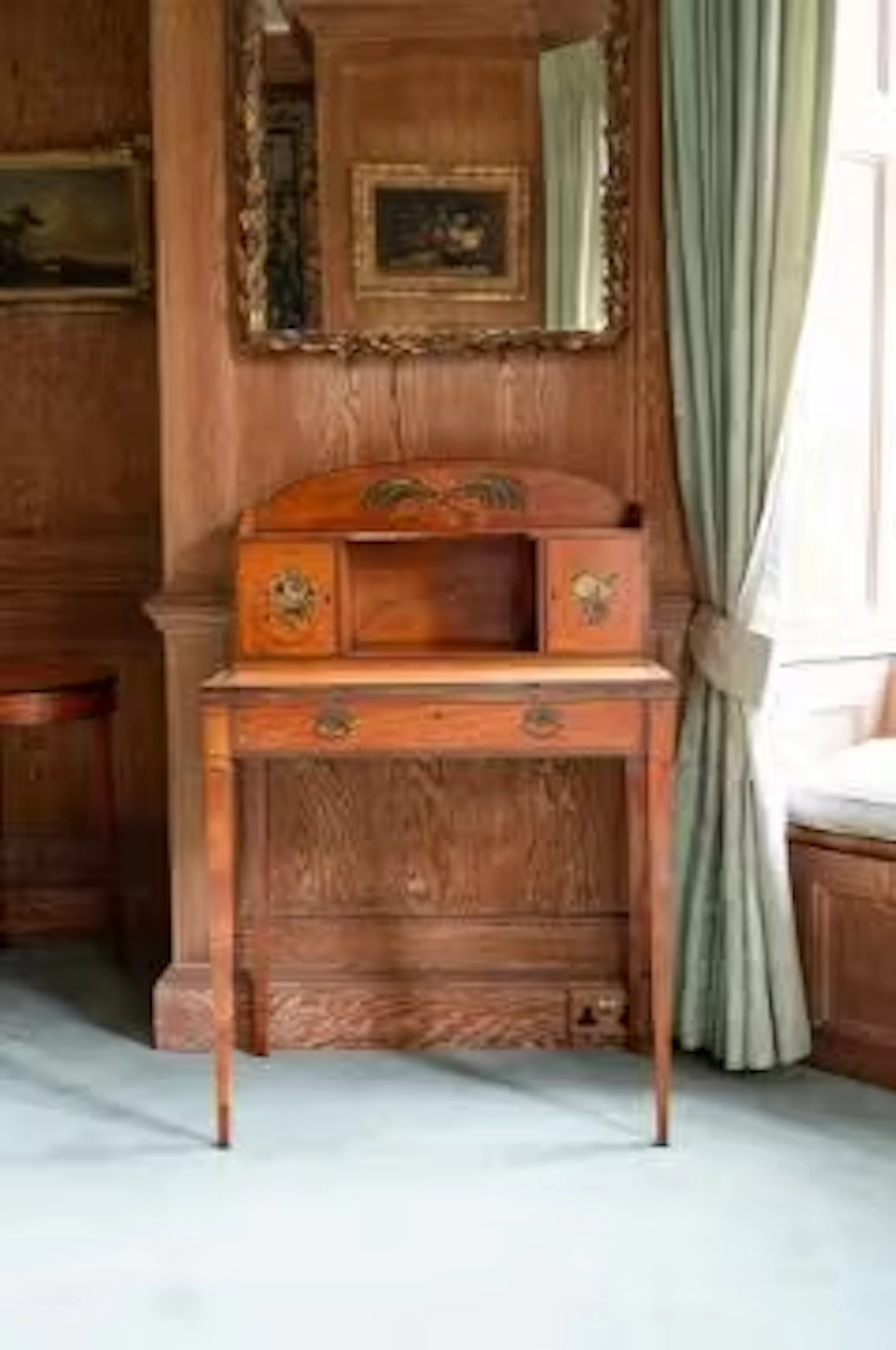 Y A GEORGE III SATINWOOD, MAHOGANY, TULIPWOOD AND POLYCHROME PAINTED