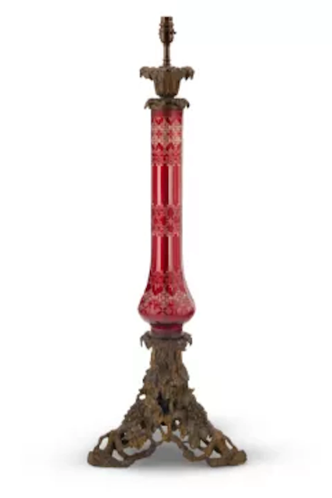 A LARGE VICTORIAN RED GLASS TABLE LAMP, LATE 19TH CENTURY