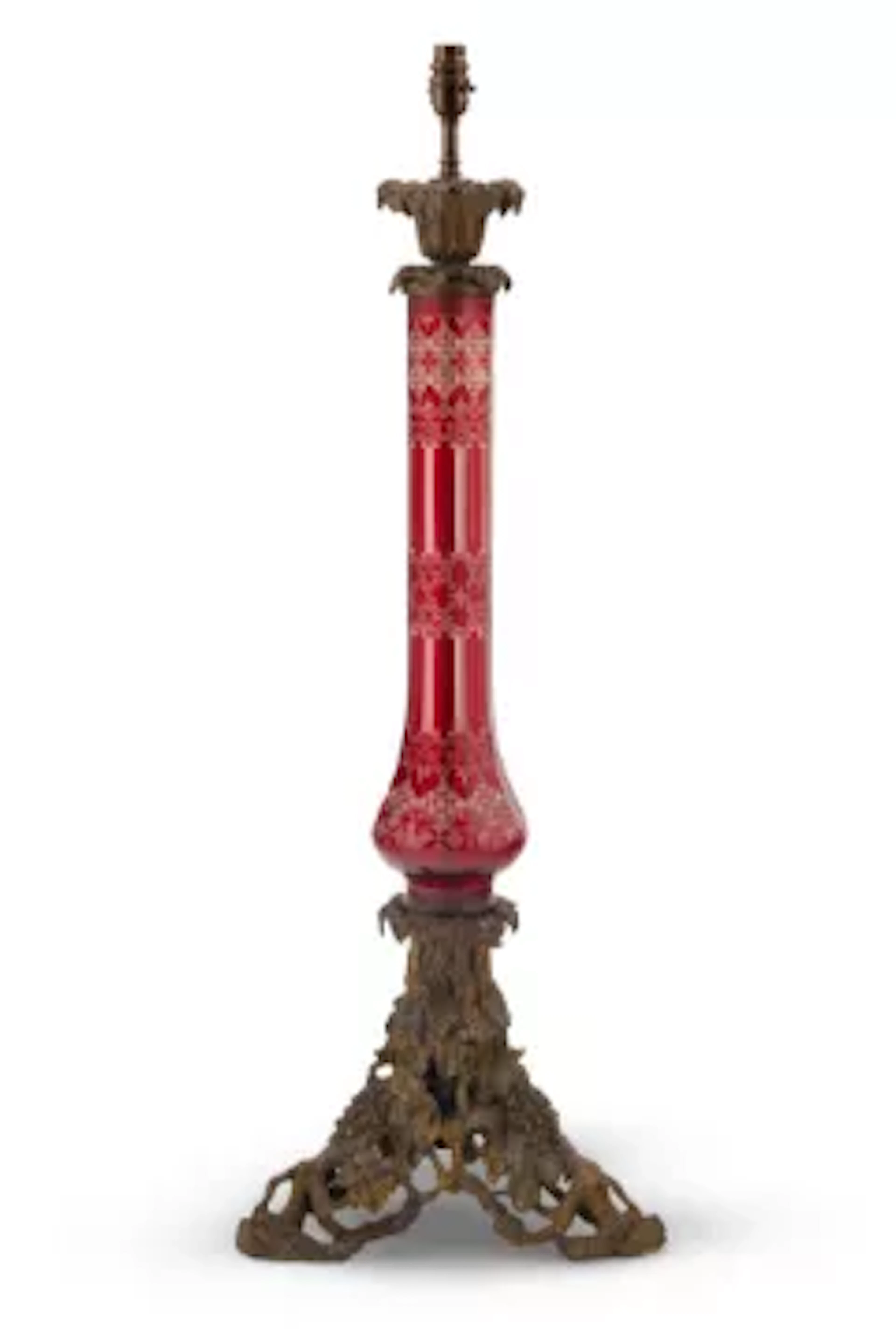 A LARGE VICTORIAN RED GLASS TABLE LAMP, LATE 19TH CENTURY