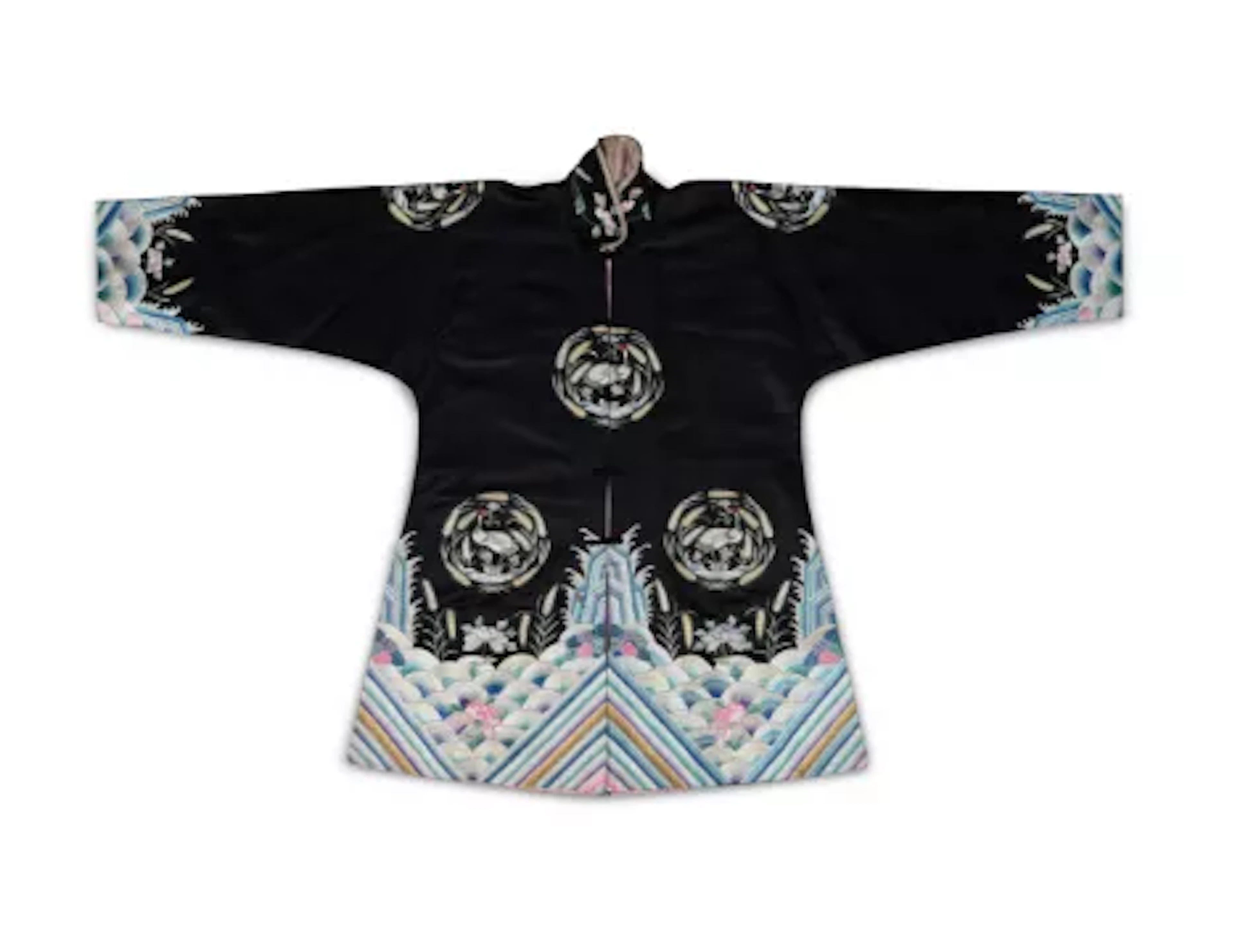 A Chinese informal dark blue-black satin silk front opening jacket, Circa 1910