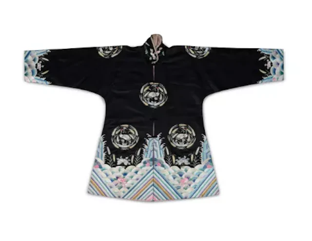 A Chinese informal dark blue-black satin silk front opening jacket, Circa 1910