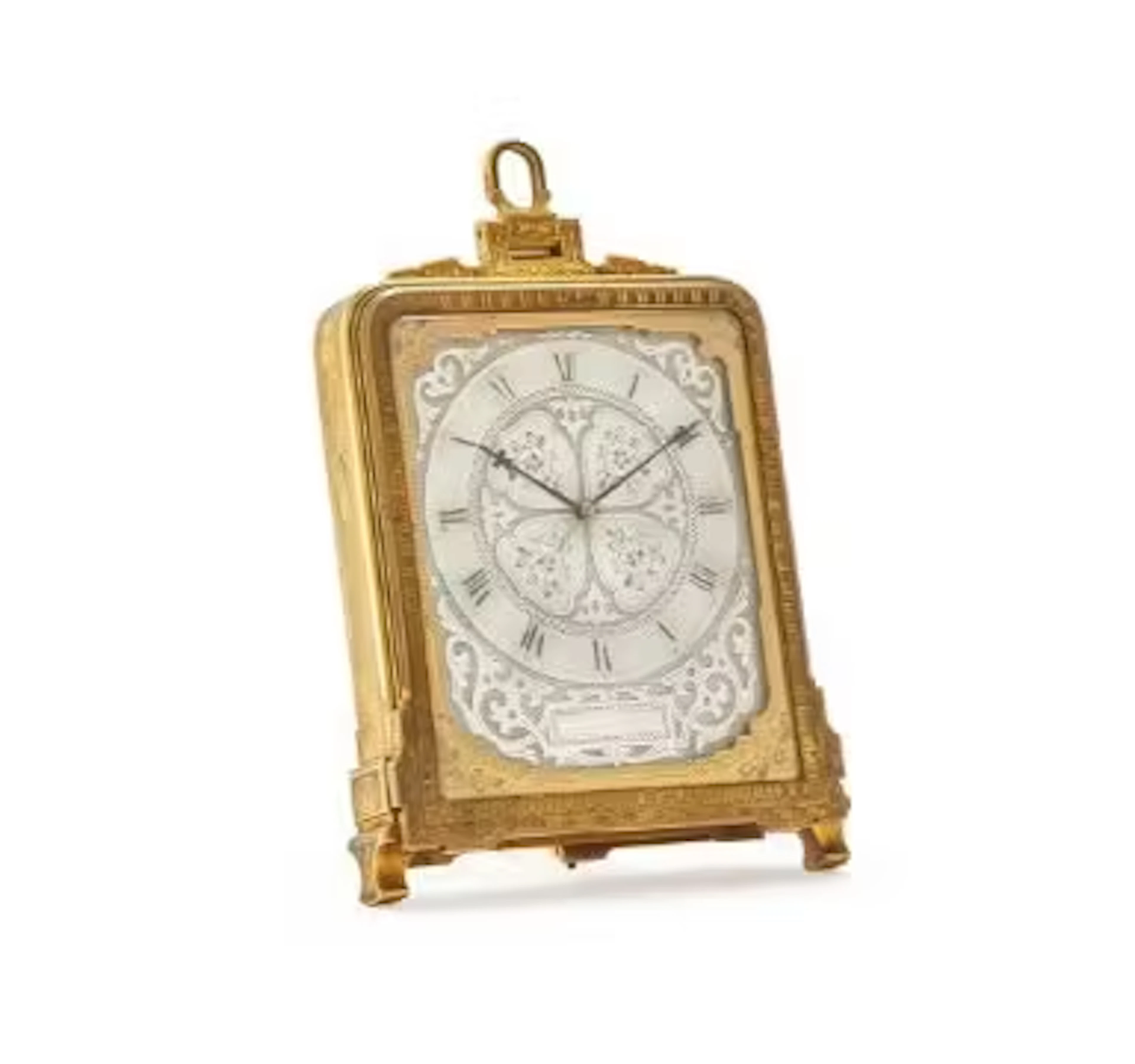 A VICTORIAN ENGRAVED GILT BRASS STRUT TIMEPIECE