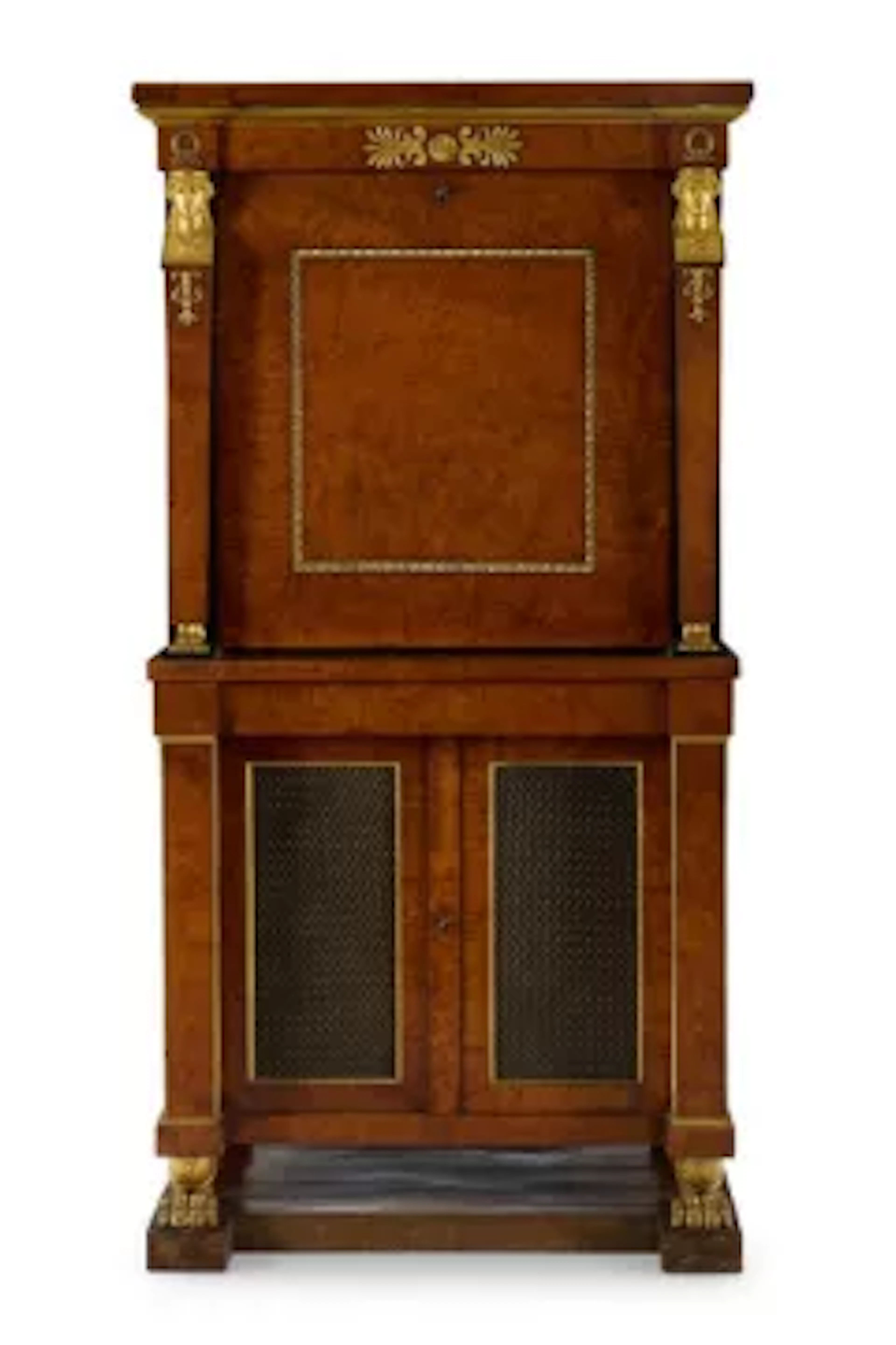A REGENCY ORMOLU-MOUNTED PARCEL-GILT AND BRONZED AMBOYNA SECRETAIRE A ABATTANT