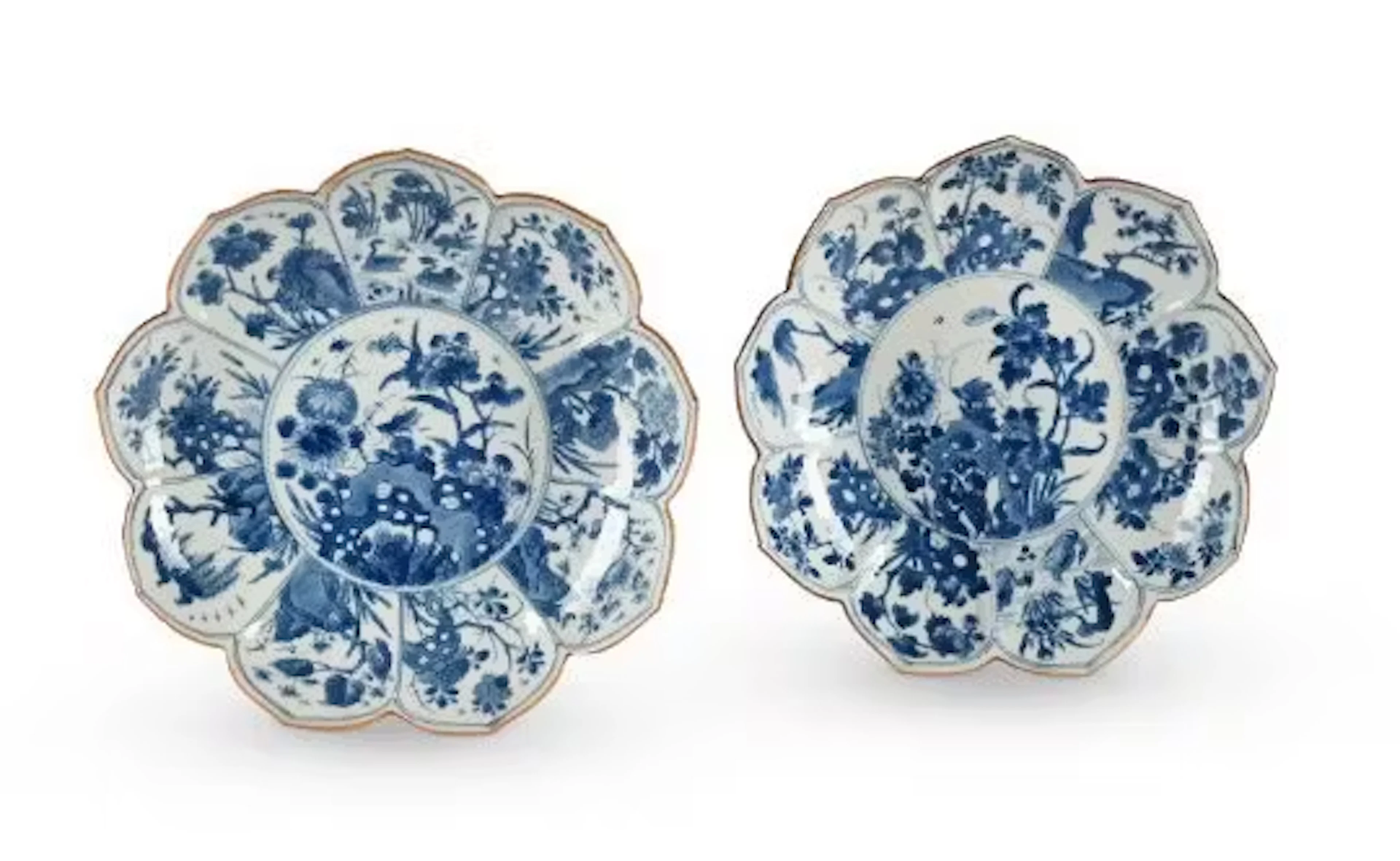 A fine pair of Chinese porcelain blue and white lotus-shaped plates