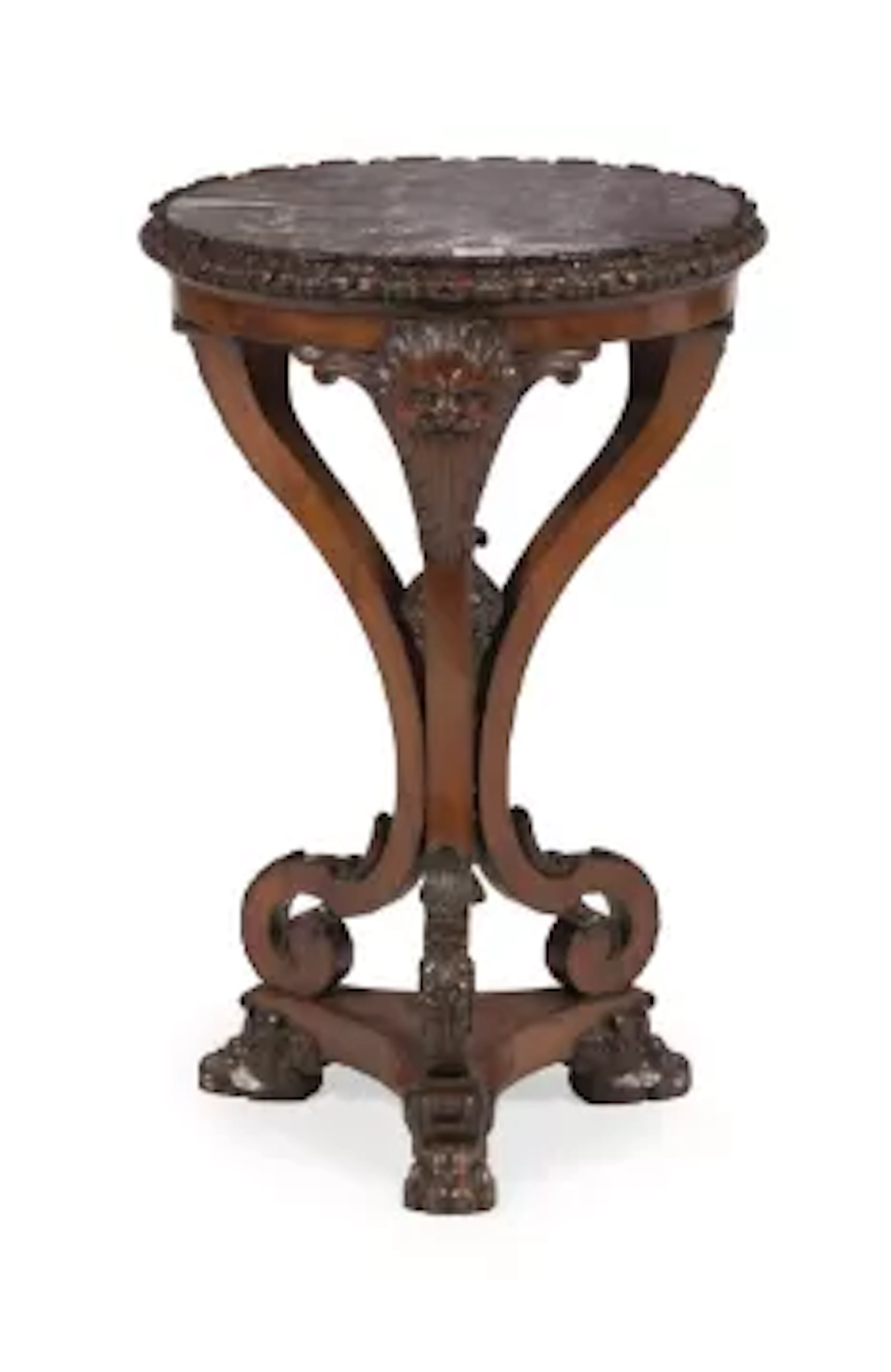 AN UNUSUAL CARVED MAHOGANY AND MARBLE INSET PEDESTAL TABLE, SECOND