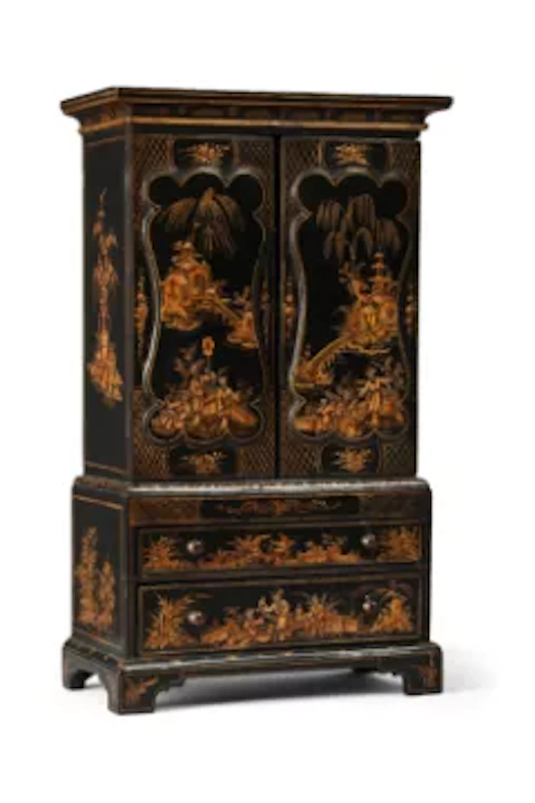 A MINIATURE BLACK LACQUER AND CHINOISERIE DECORATED CABINET ON CHEST