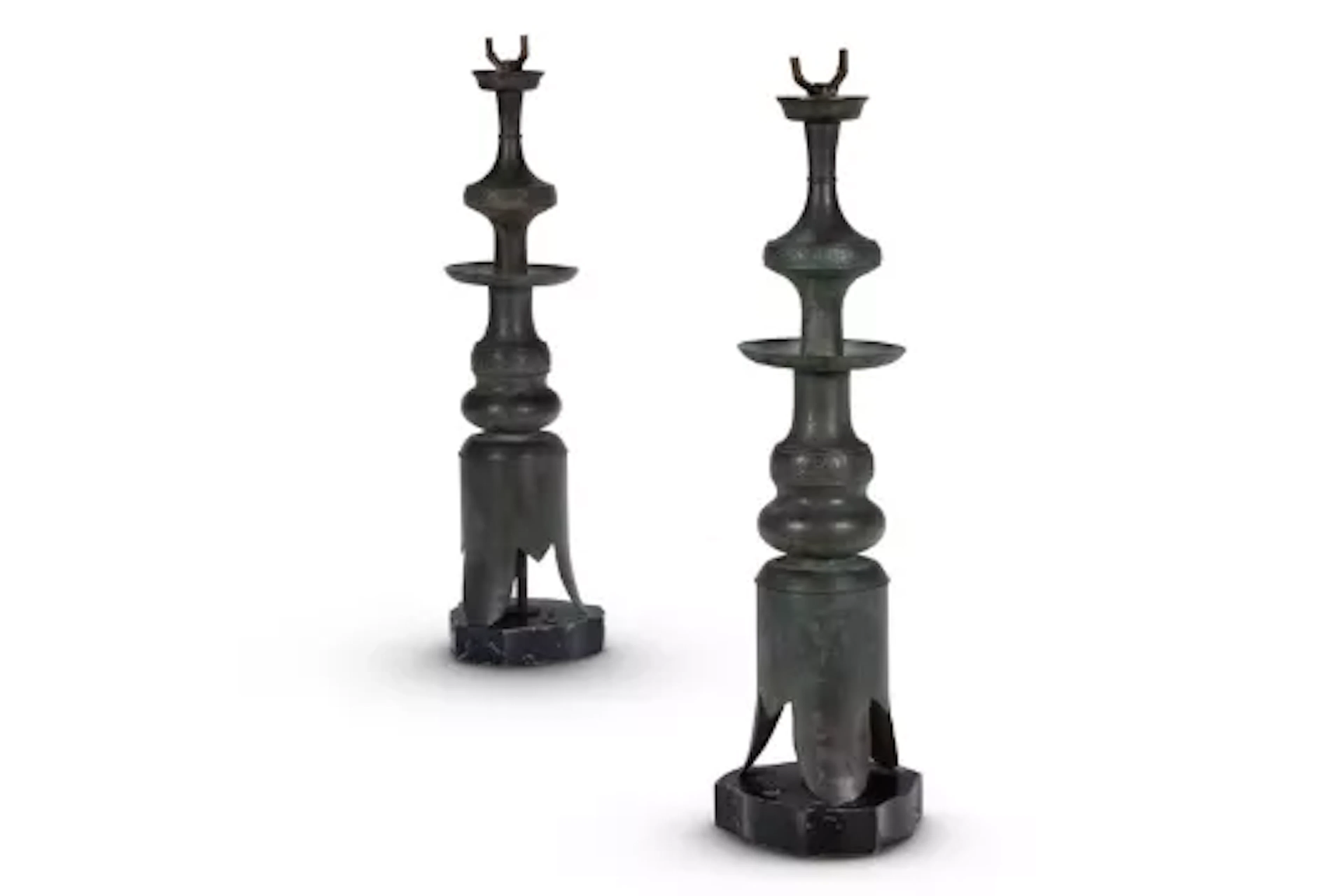 A PAIR OF BRONZE LIGHT BASES OF CHINESE ARCHAIC FORM, AMERICAN, EARLY/MID