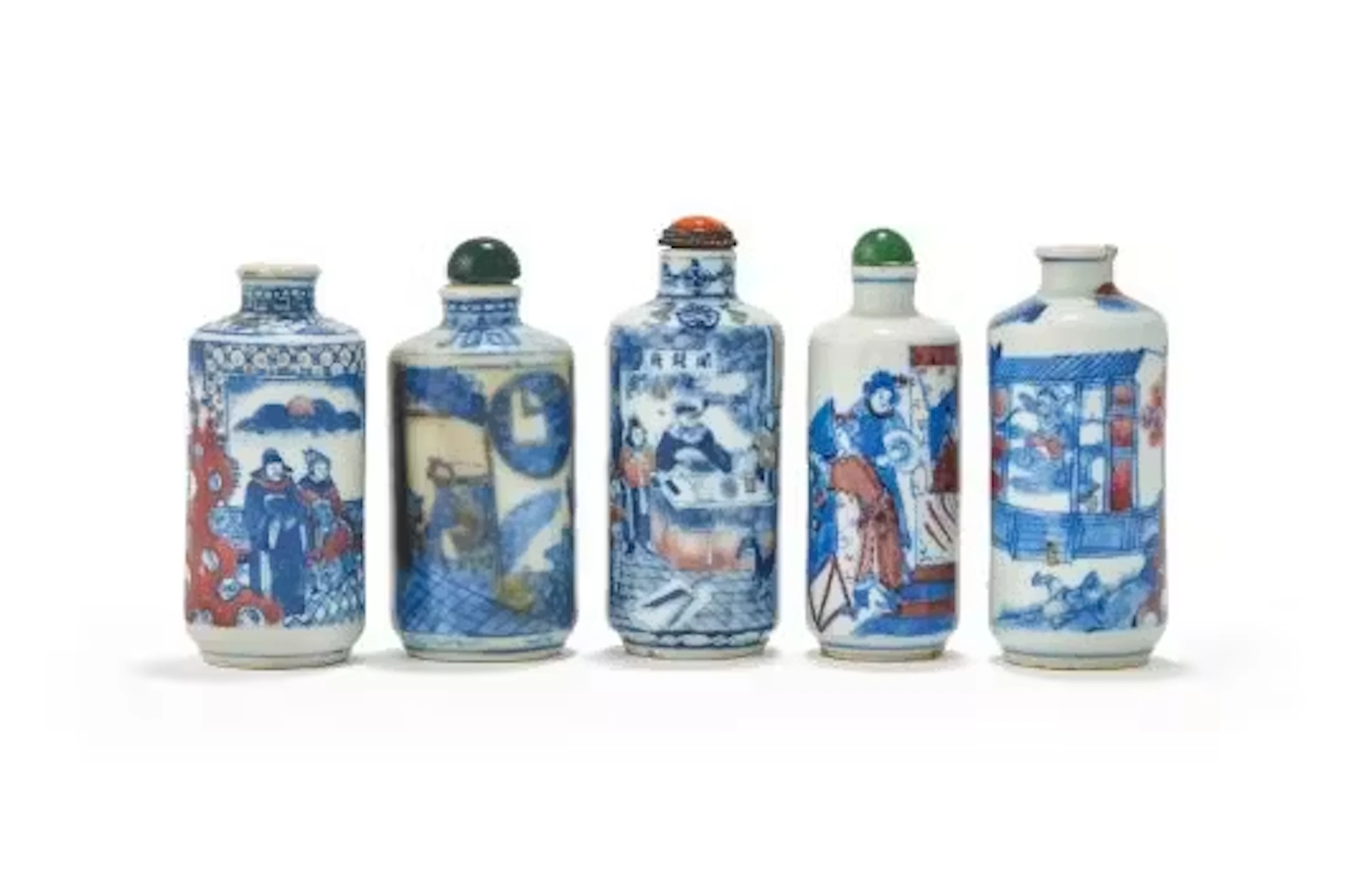 Y Five Chinese underglaze blue and red snuff bottles