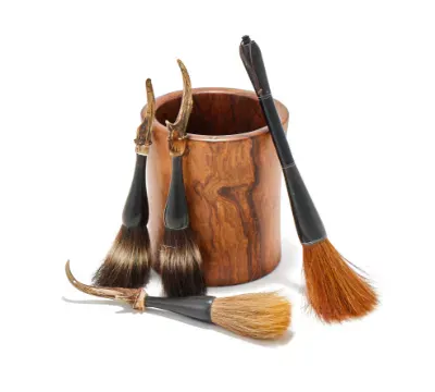 A Chinese Huanghuali brush pot and four brushes