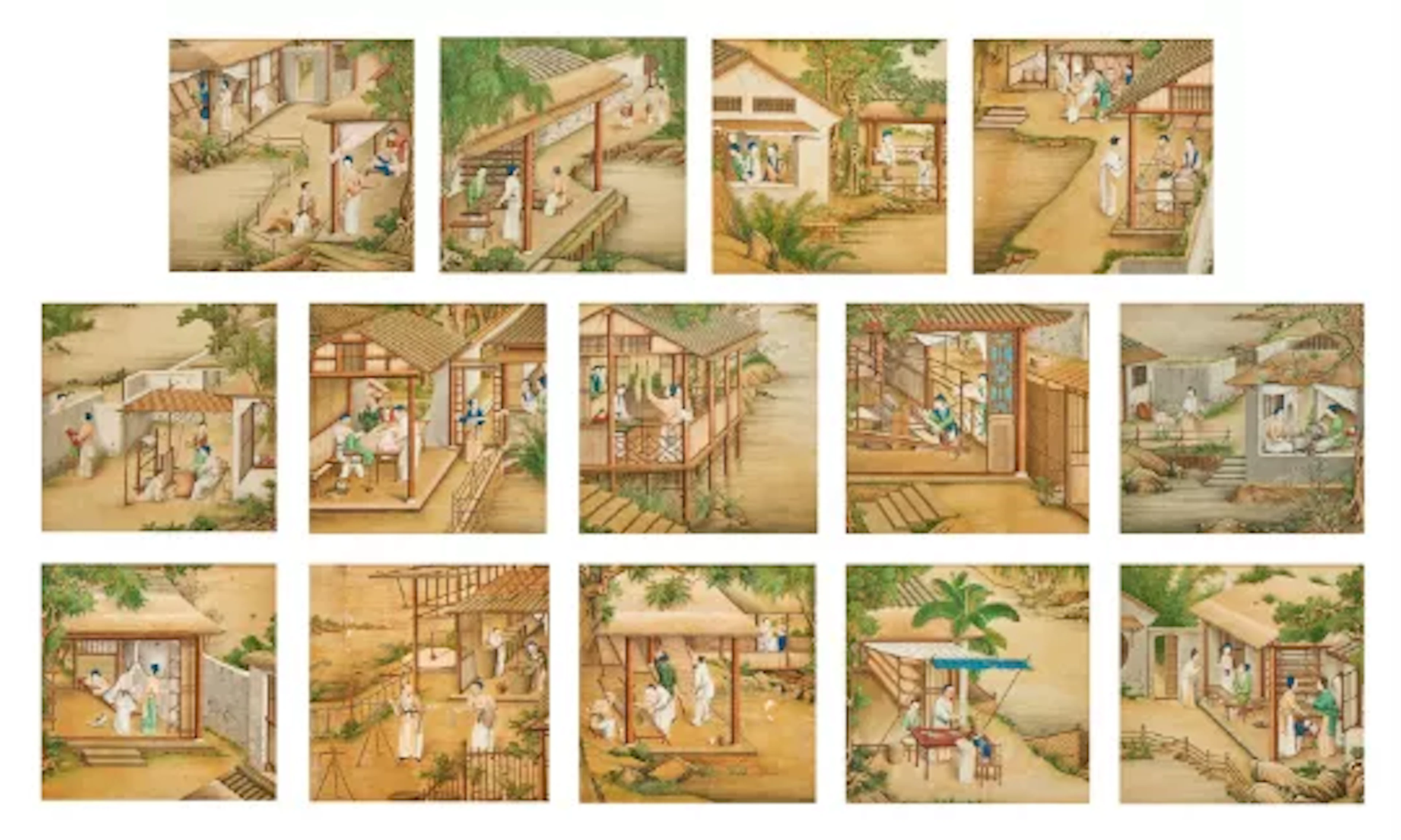 Fourteen Chinese paintings illustrating stages in the production of silk