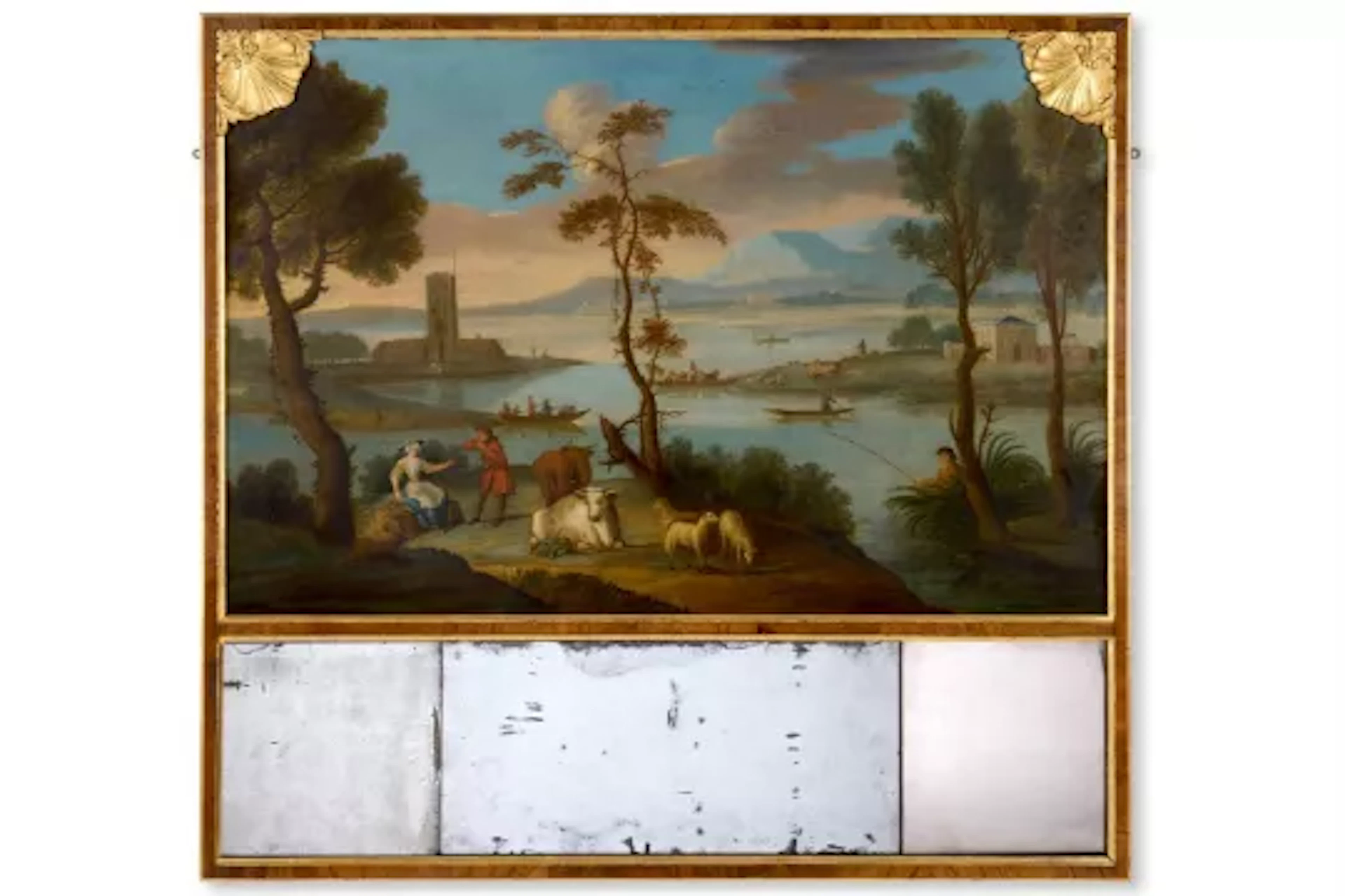 A WALNUT AND PARCEL GILT TRUMEAU MIRROR, 19TH CENTURY