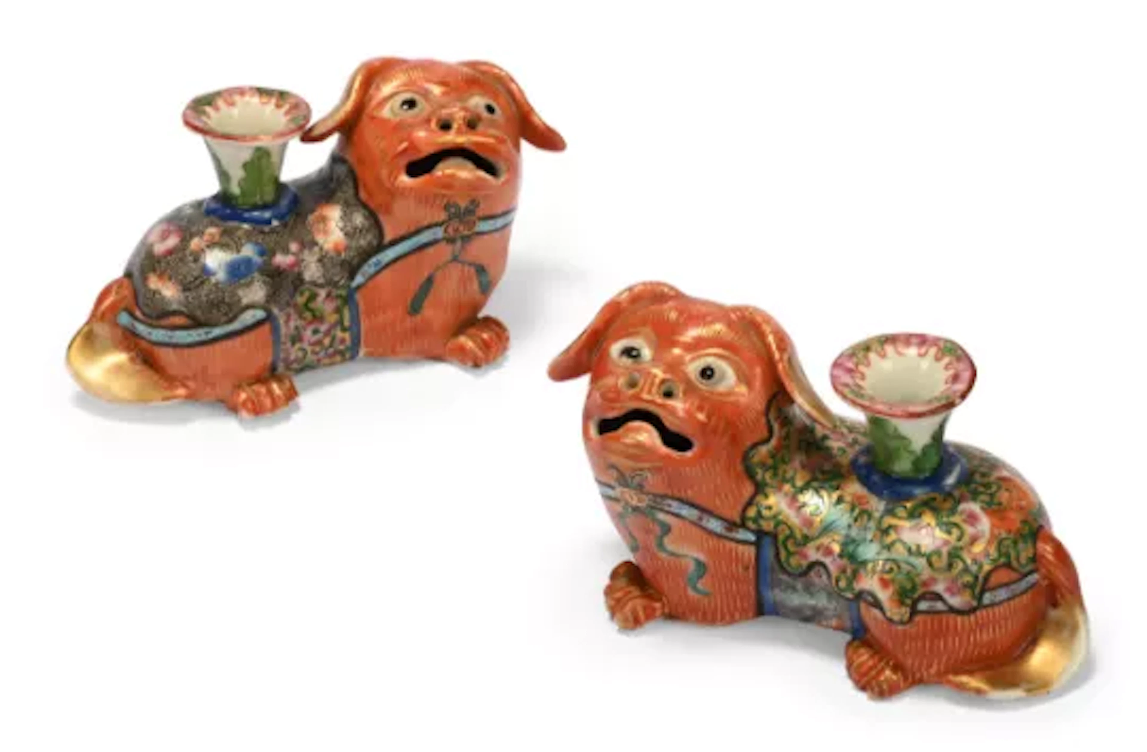 A pair of Chinese Buddhistic lion joss stick holders, Canton, 19th century